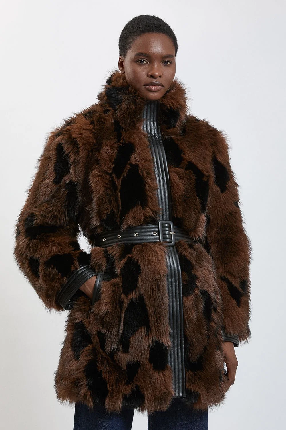 Faux Tipped Contrast Fur Belted Midi Coat - 1