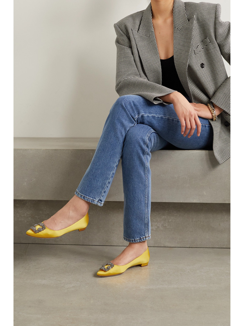 Manolo Blahnik Hangisi Crystal-embellished Satin Point-toe Flats outlook