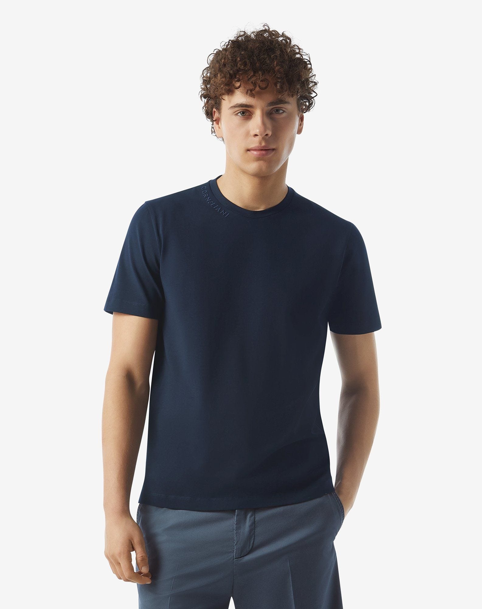 Navy blue crew neck stretch cotton t-shirt - 2