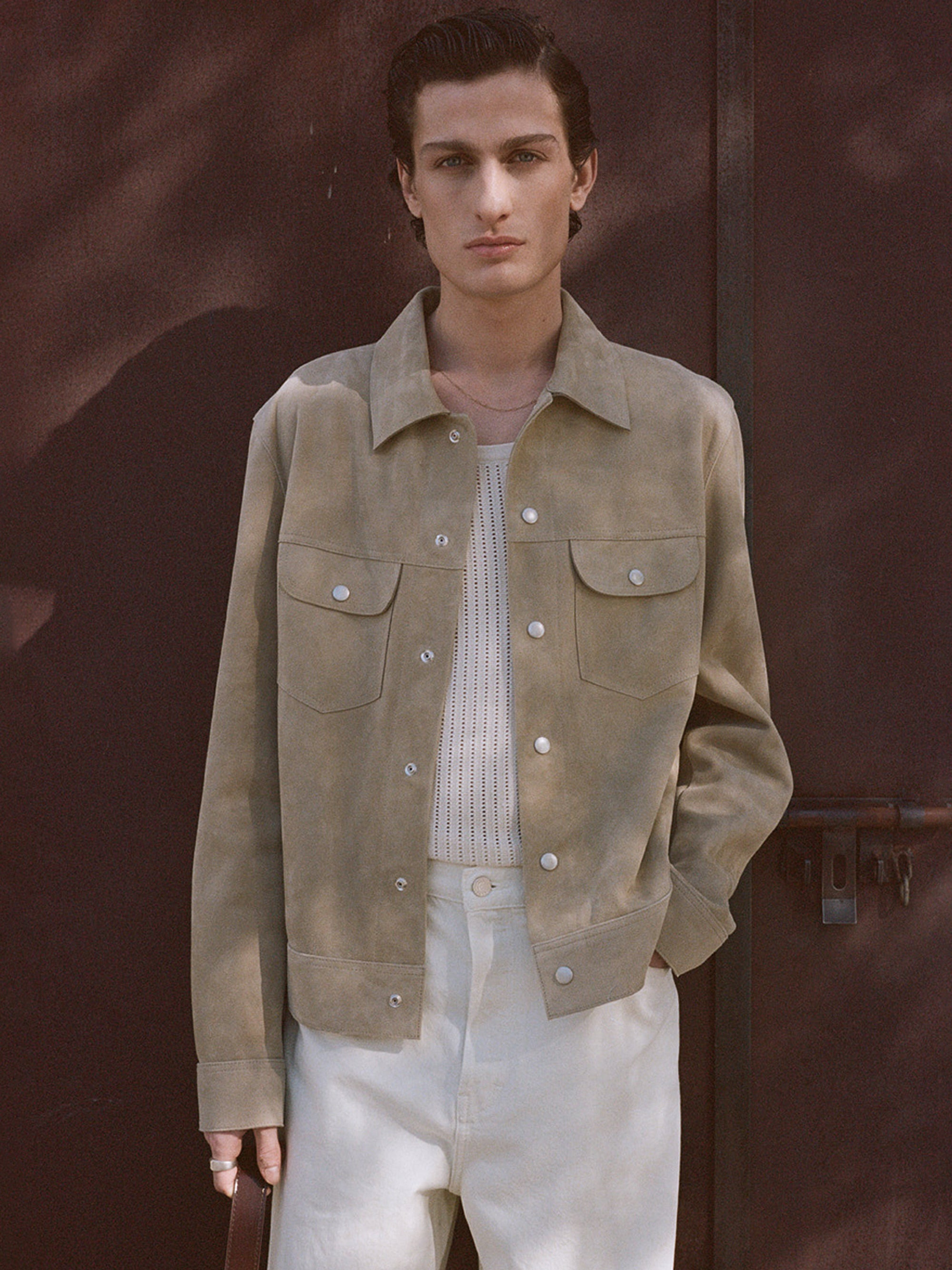 Suede Trucker Jacket in Oxford Beige - 2
