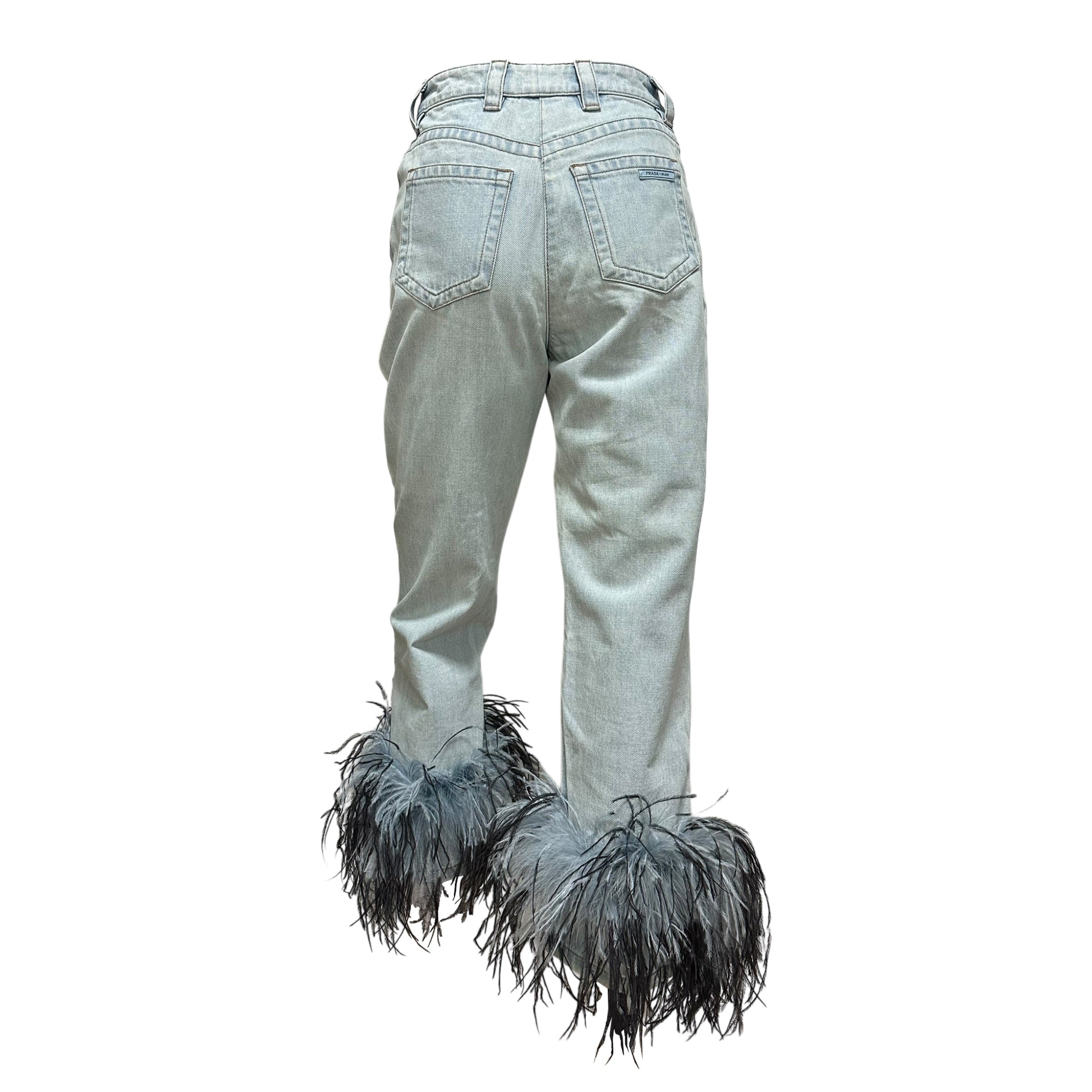 PRADA Spring Summer 2017 Ostrich Feather Trim Denim Pants - 2