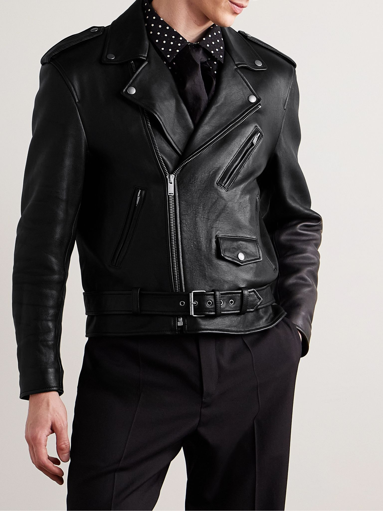 Belted Leather Biker Jacket Black - 3