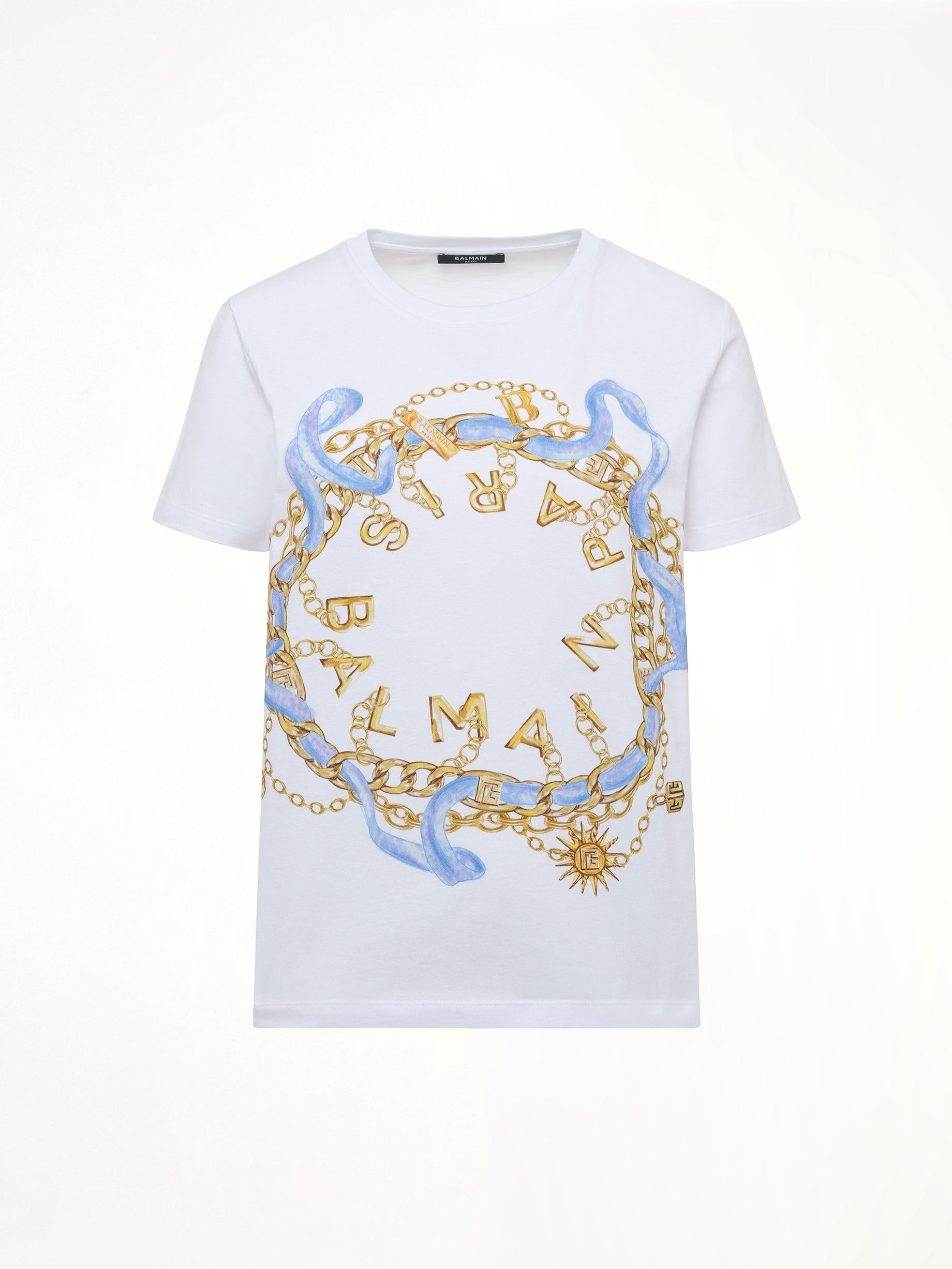 Balmain Paris Chain T-Shirt in White/Blue/Gold - 2
