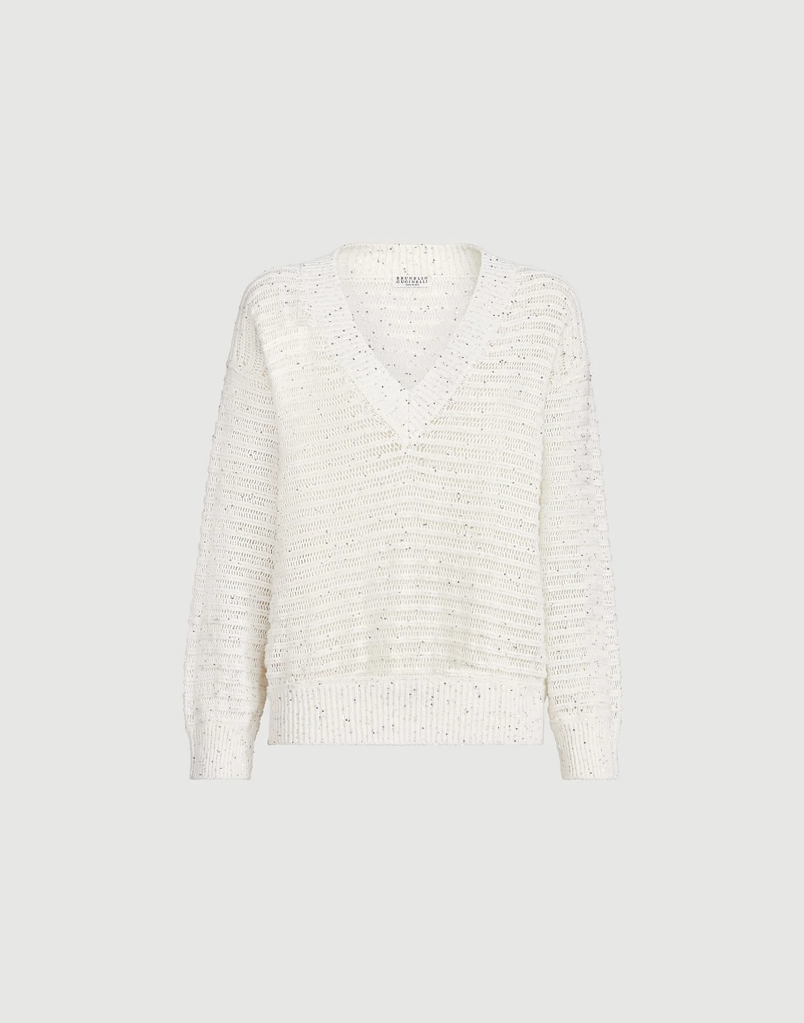 Linen diamond yarn sweater with openwork stripes and shiny zipper pull - 1