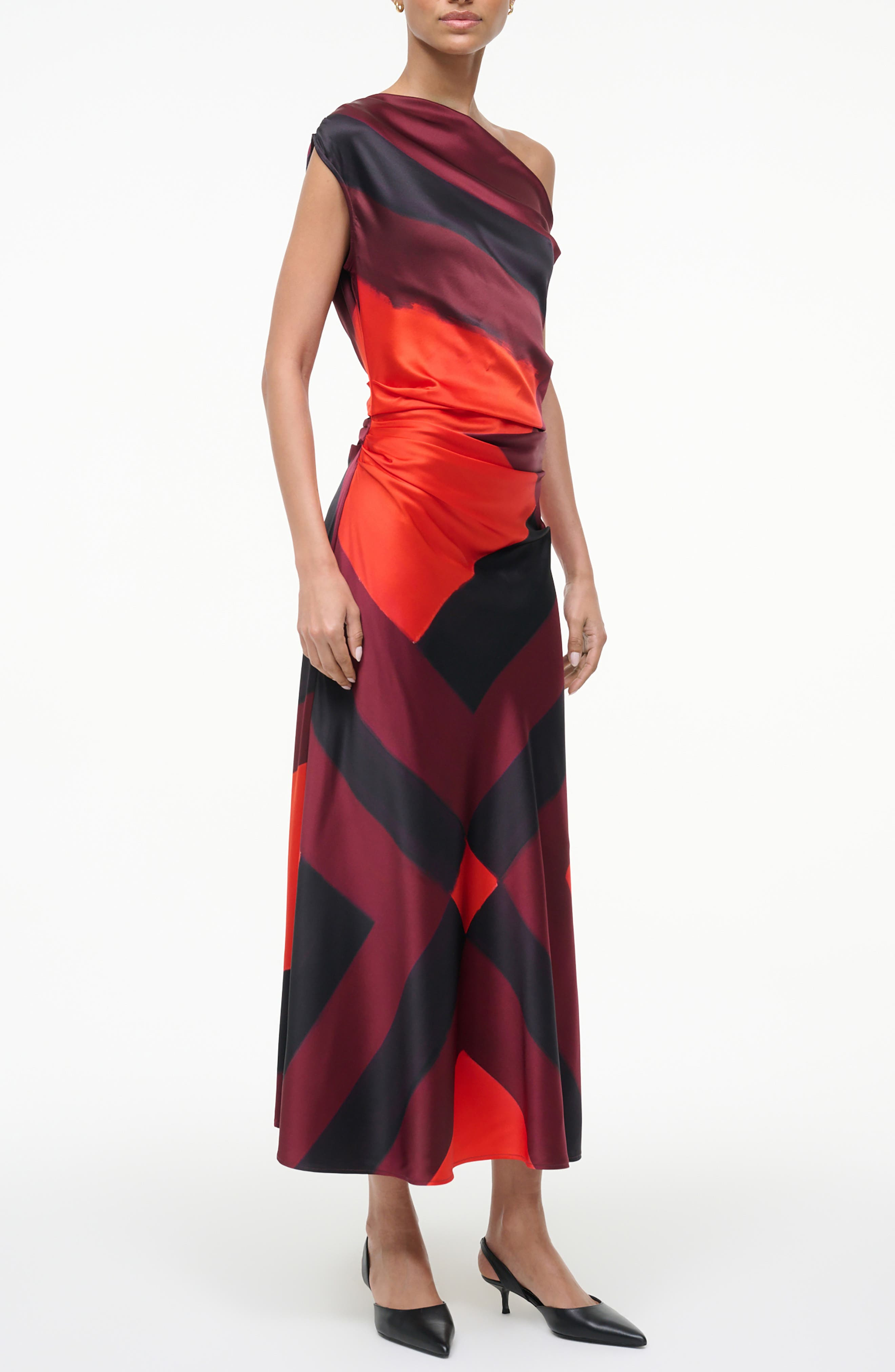 STAUD Phare One-Shoulder Stretch Silk Midi Dress in Ruby Prism at Nordstrom - 3