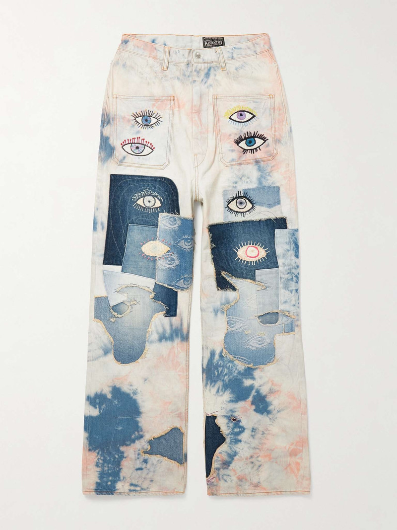 Slim-Fit Patchwork Embroidered Tie-Dyed Jeans - 1
