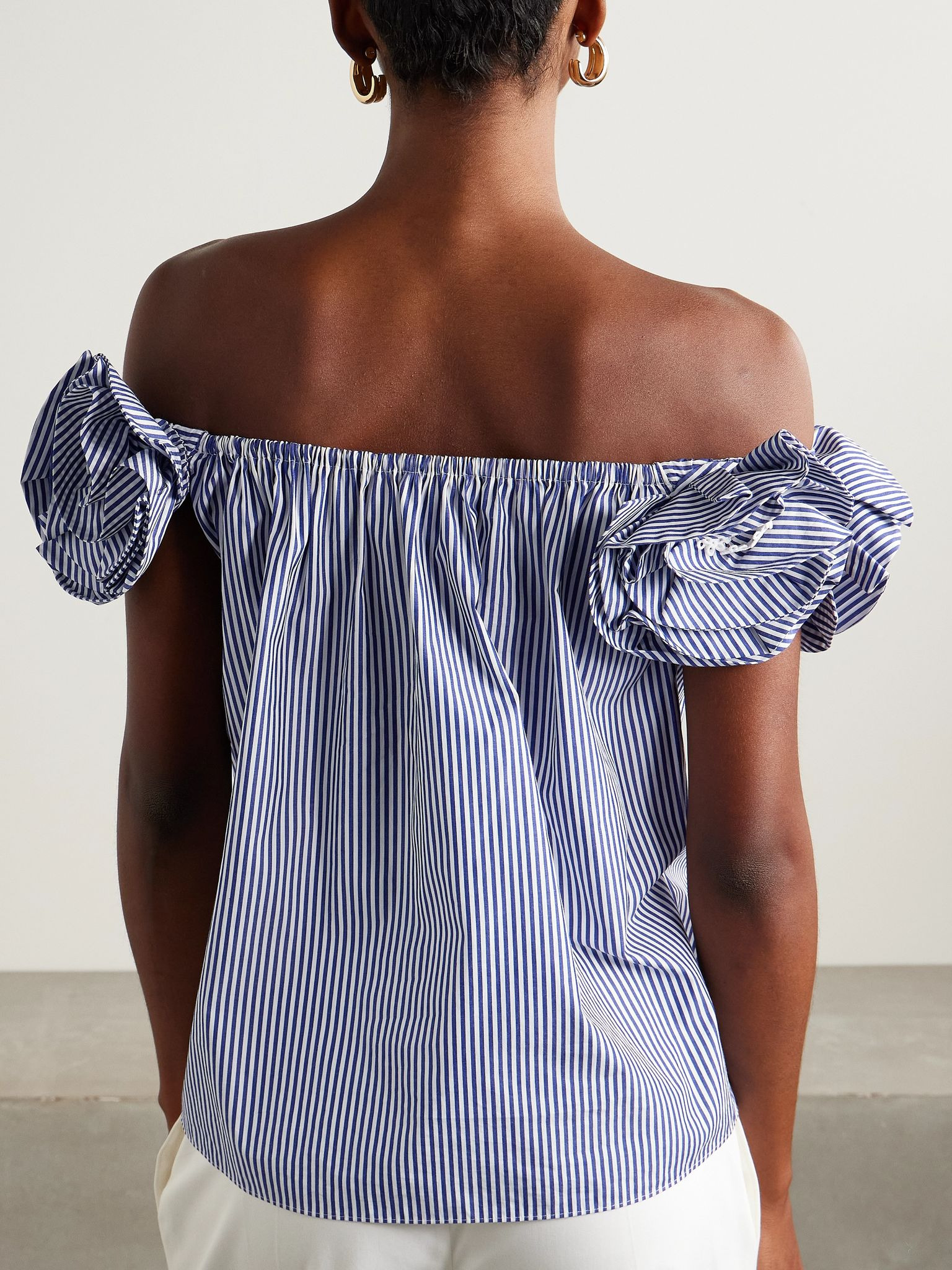 Ruffled off-the-shoulder striped cotton-poplin top Blue - 4