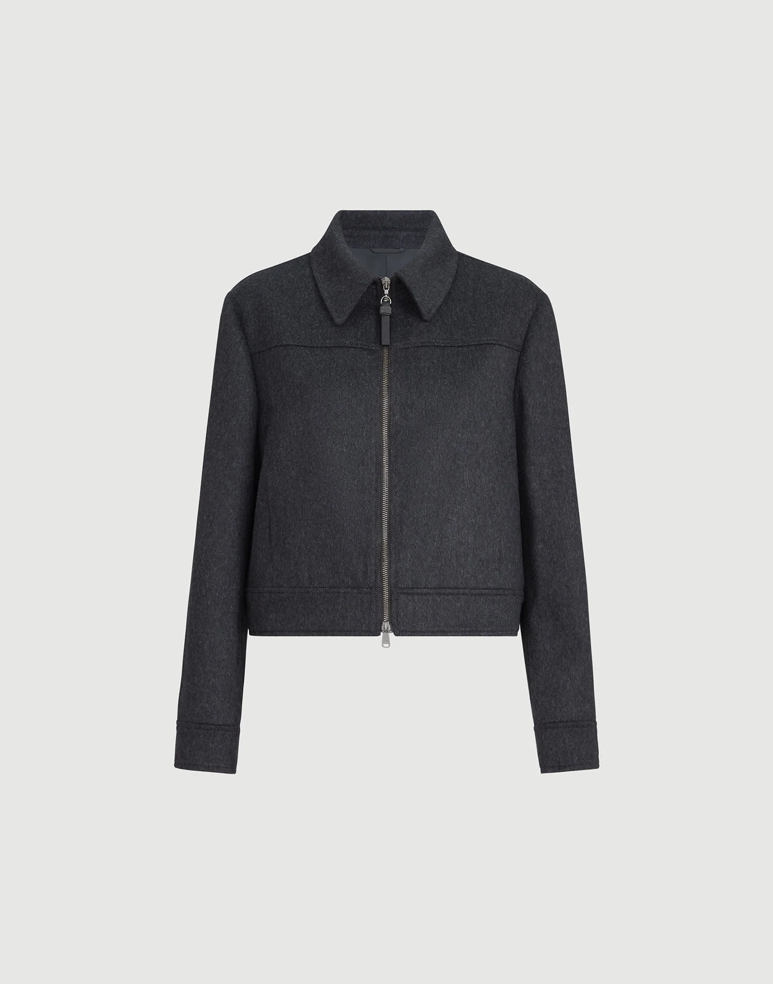 Wool flannel outerwear jacket with shiny zipper pull - 1