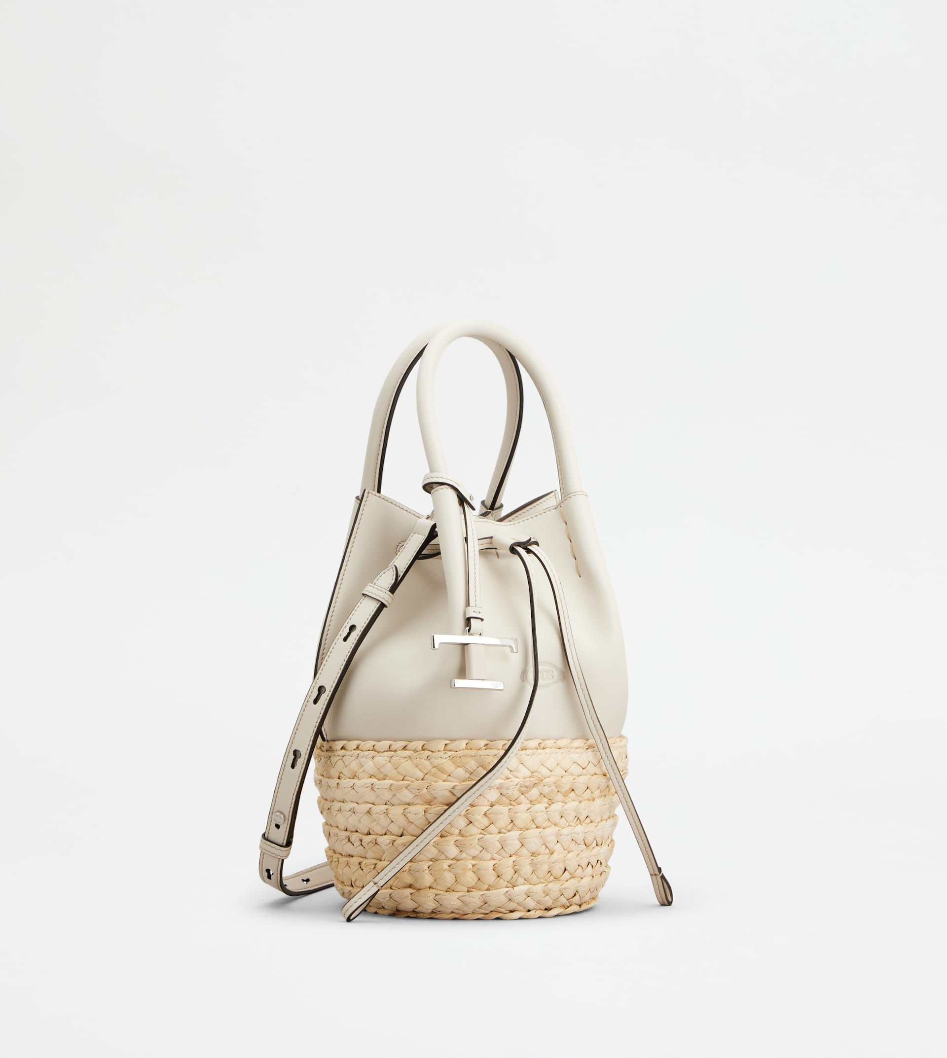 BUCKET BAG IN STRAW AND LEATHER MINI - WHITE, NATURAL - 2