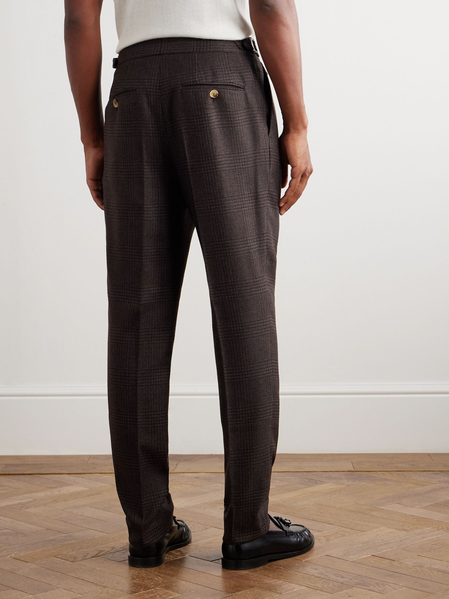 Straight-Leg Pleated Prince of Wales Wool, Cashmere and Silk-Blend Suit Trousers Brown - 4