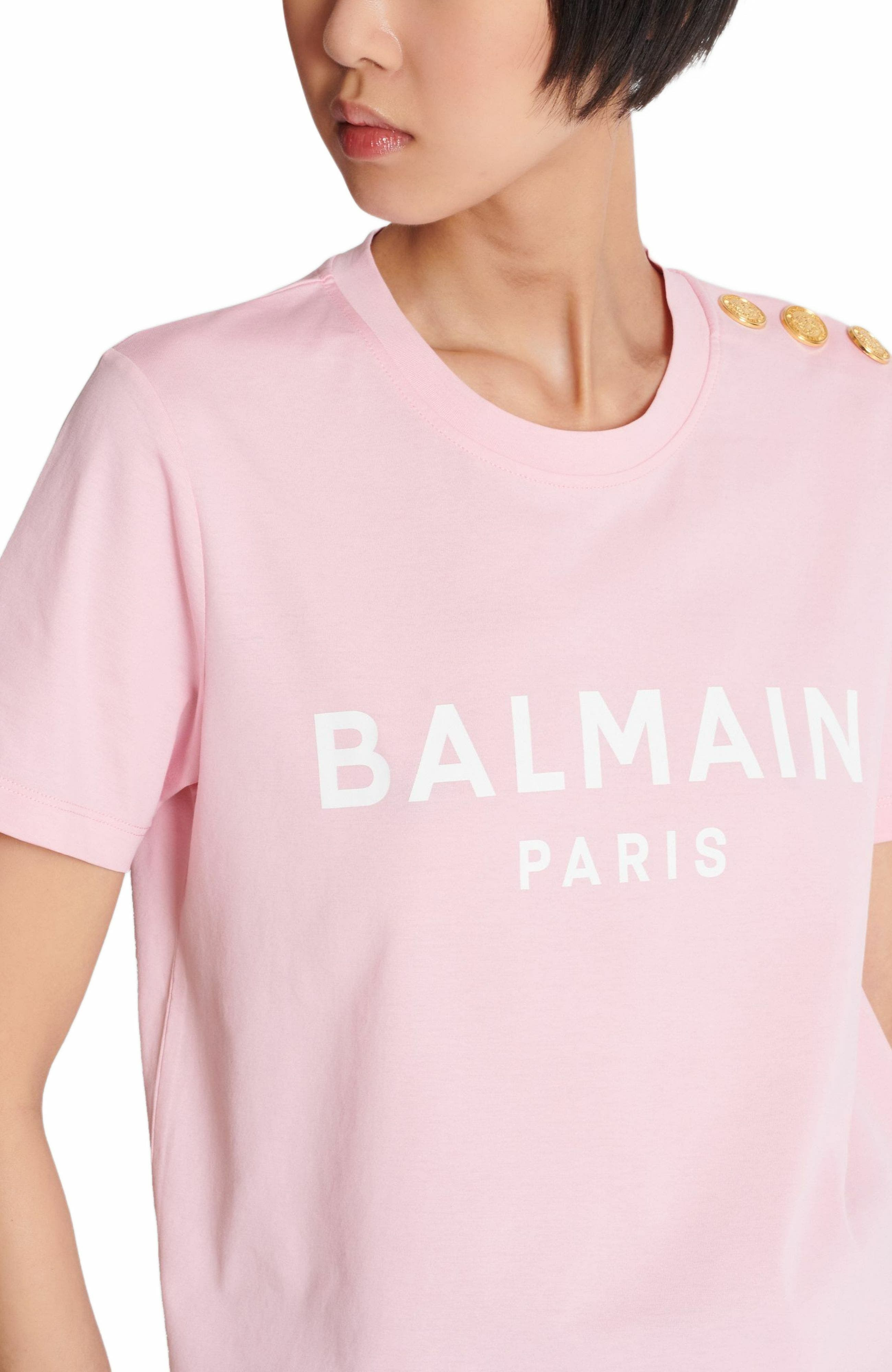 T-shirt with Balmain Paris print with buttons in Pink at Nordstrom - 6