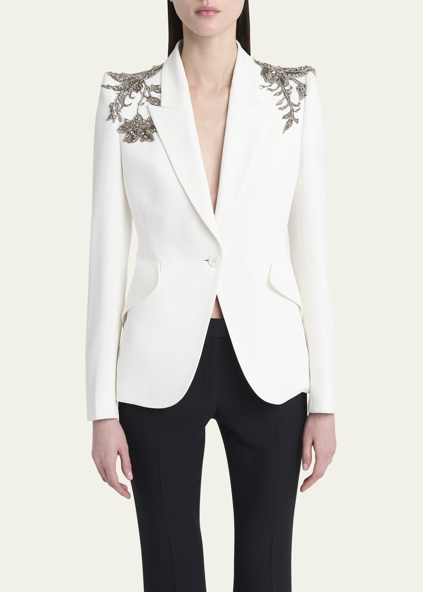 Crystal Embellished Shoulder Single-Breasted Blazer - 4