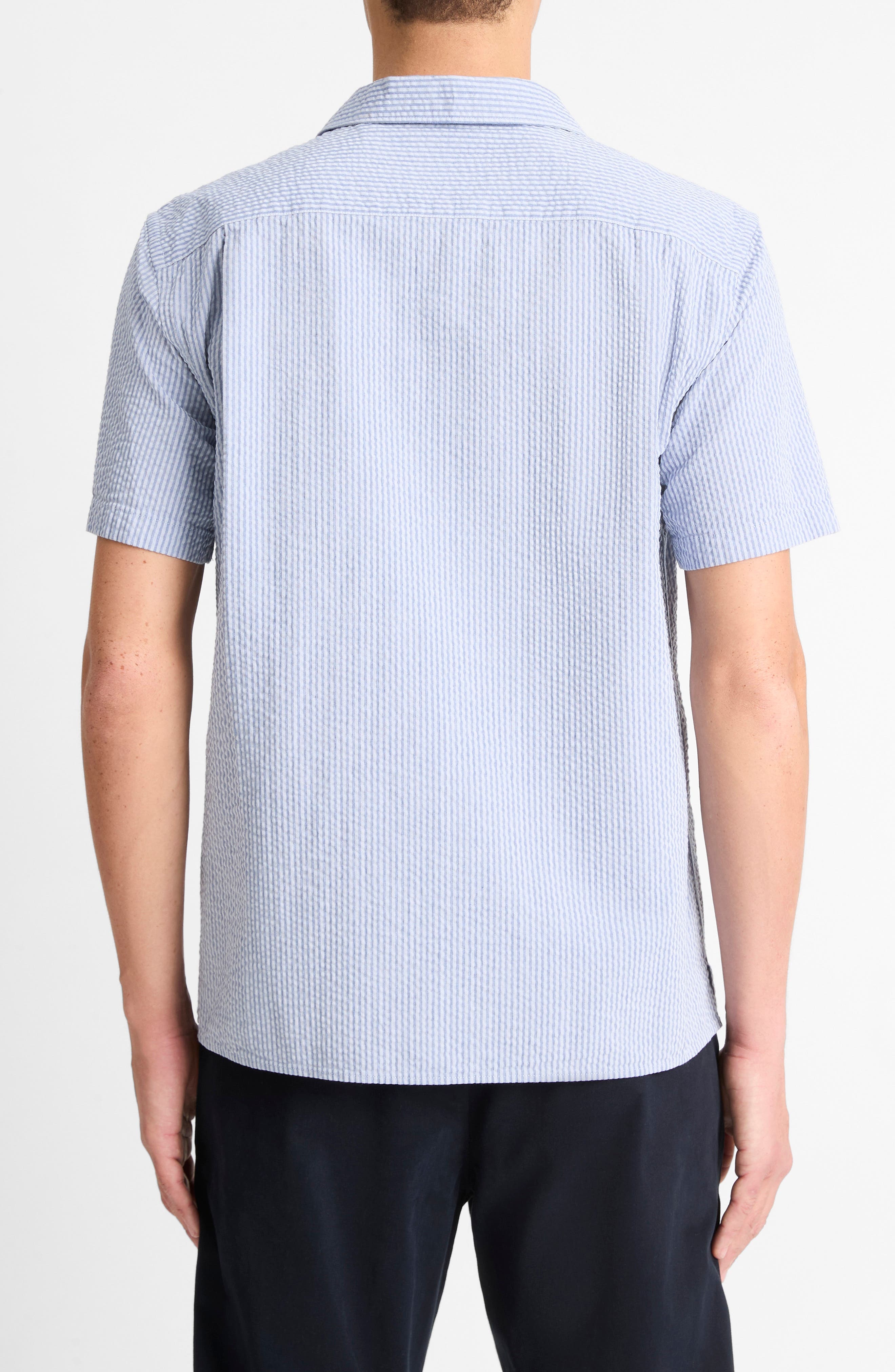 Vince Classic Fit Stripe Seersucker Camp Shirt in Dark Playa Blue at Nordstrom - 2