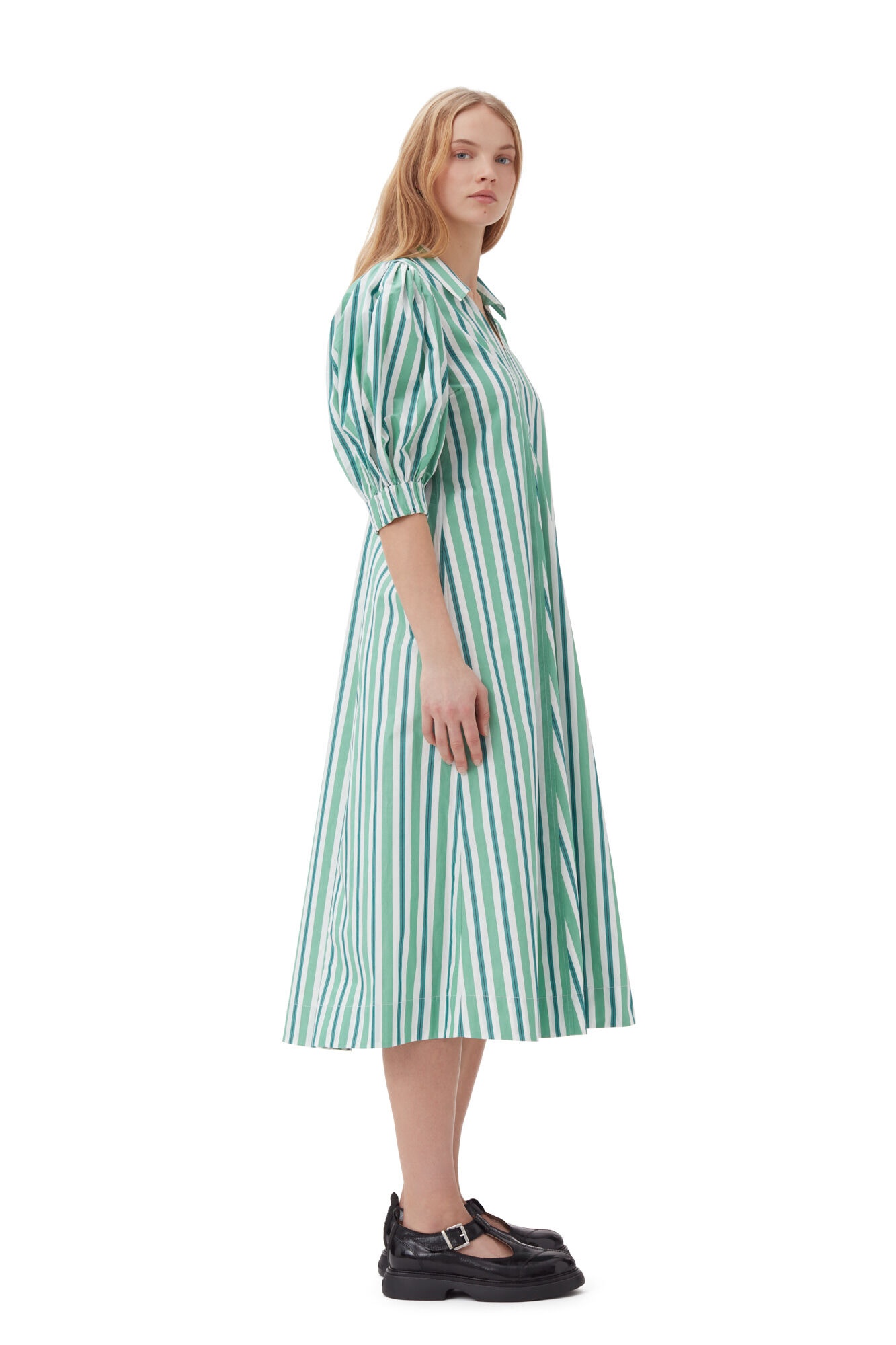 GREEN STRIPED COLLAR LONG DRESS - 4