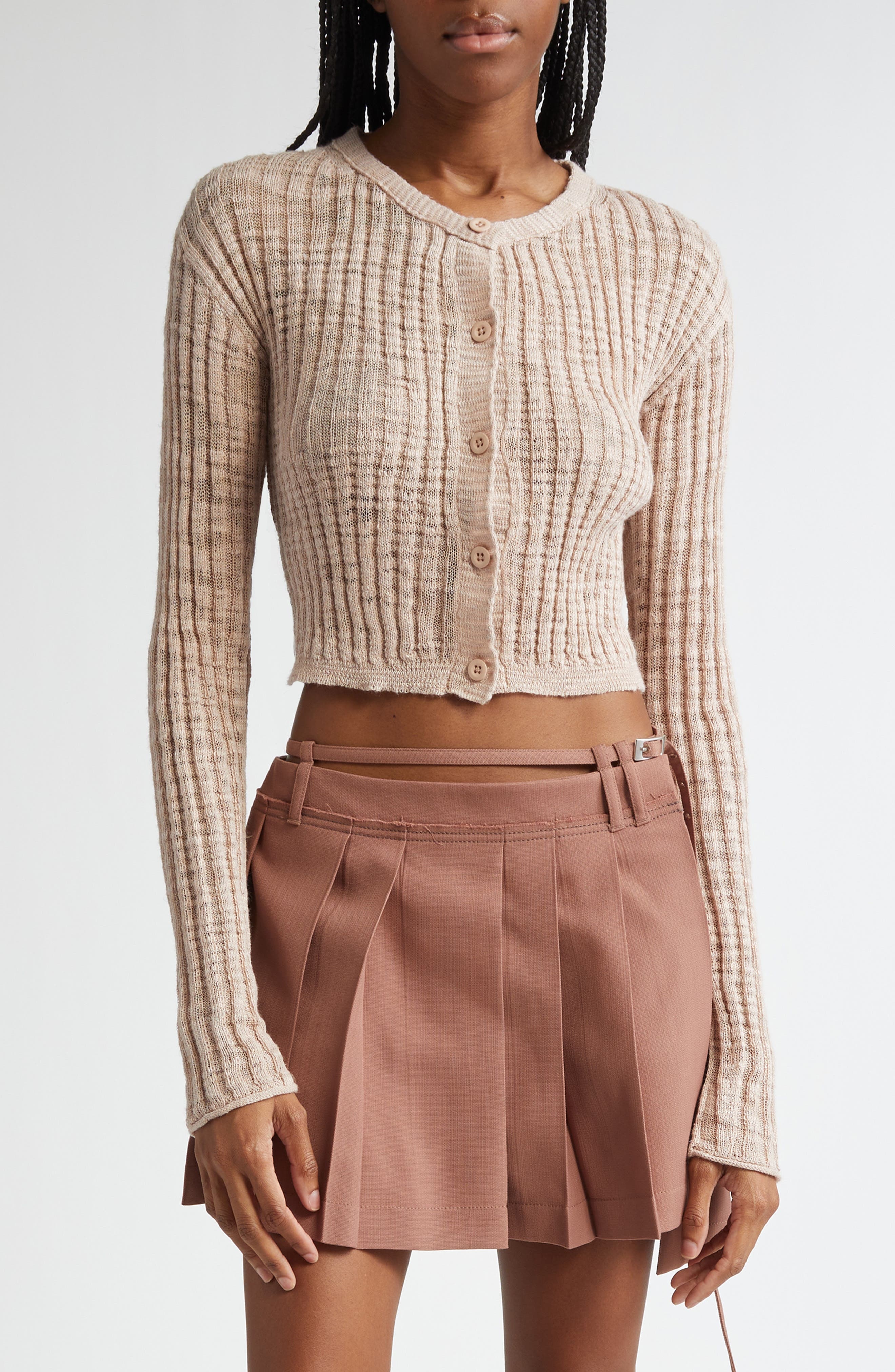 Acne Studios Kiko Rib Linen Blend Cardigan in Dusty Pink at Nordstrom - 1