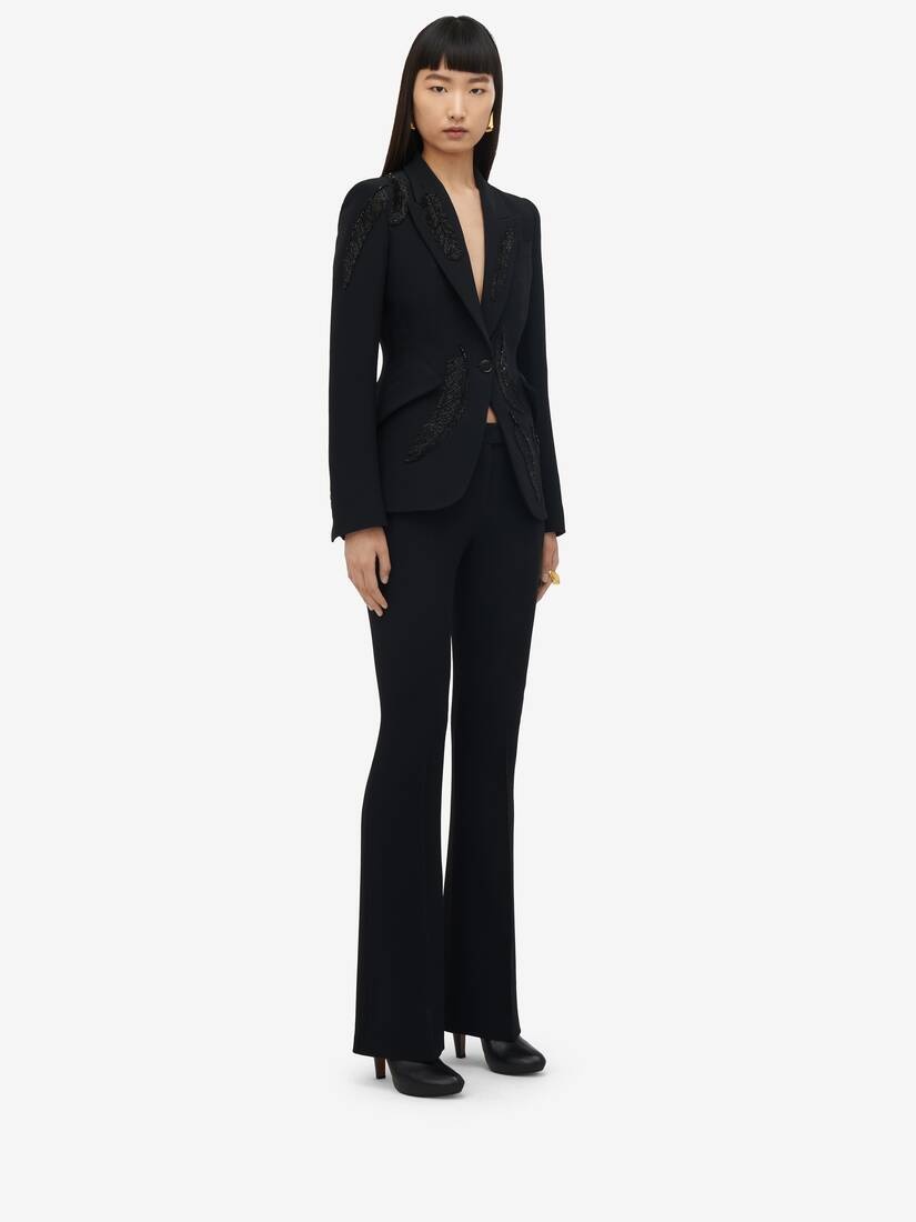 Women's Feather Embroidery Peak Shoulder Jacket in Black - 4