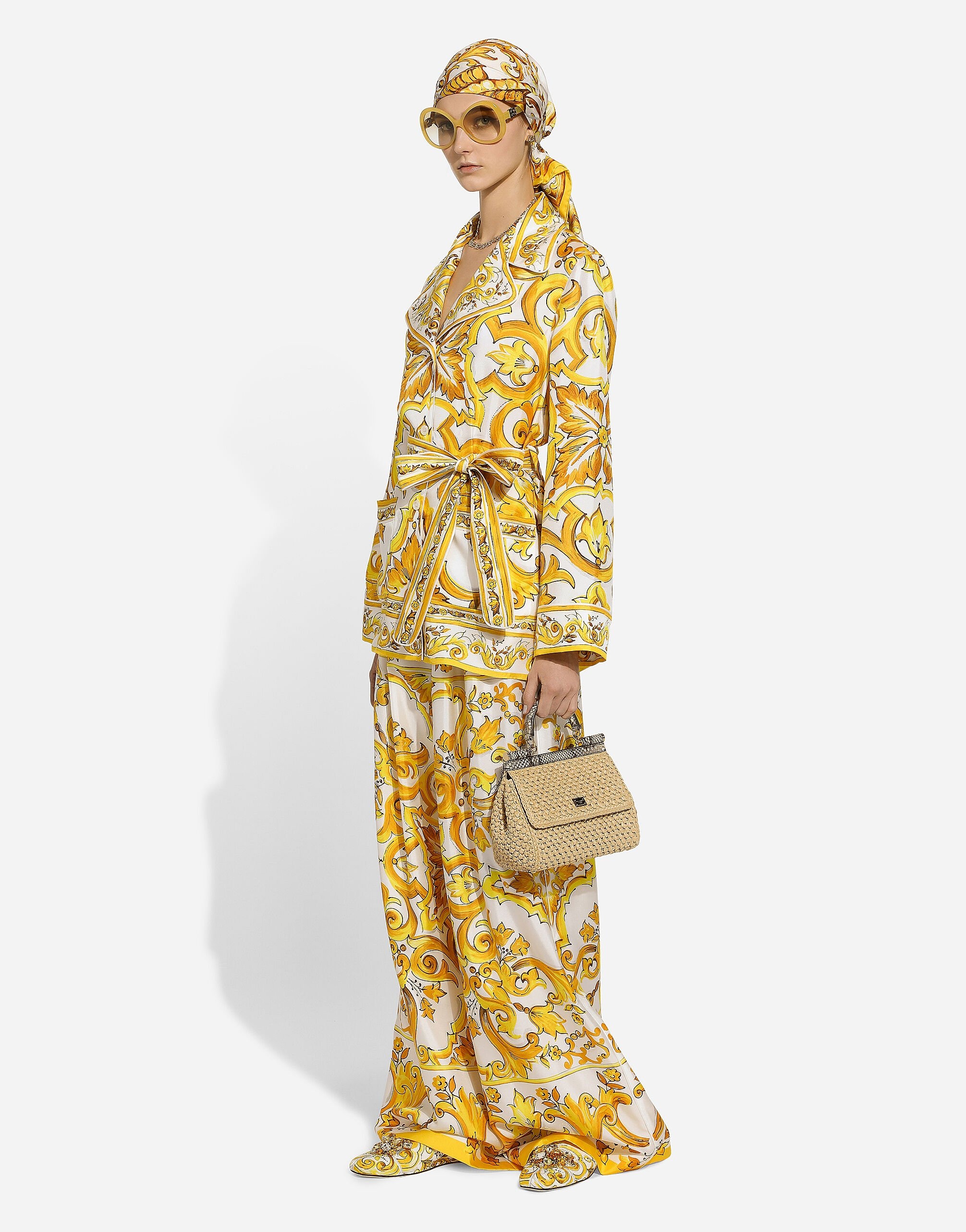 Majolica-print silk twill pants with elasticated waistband - 7