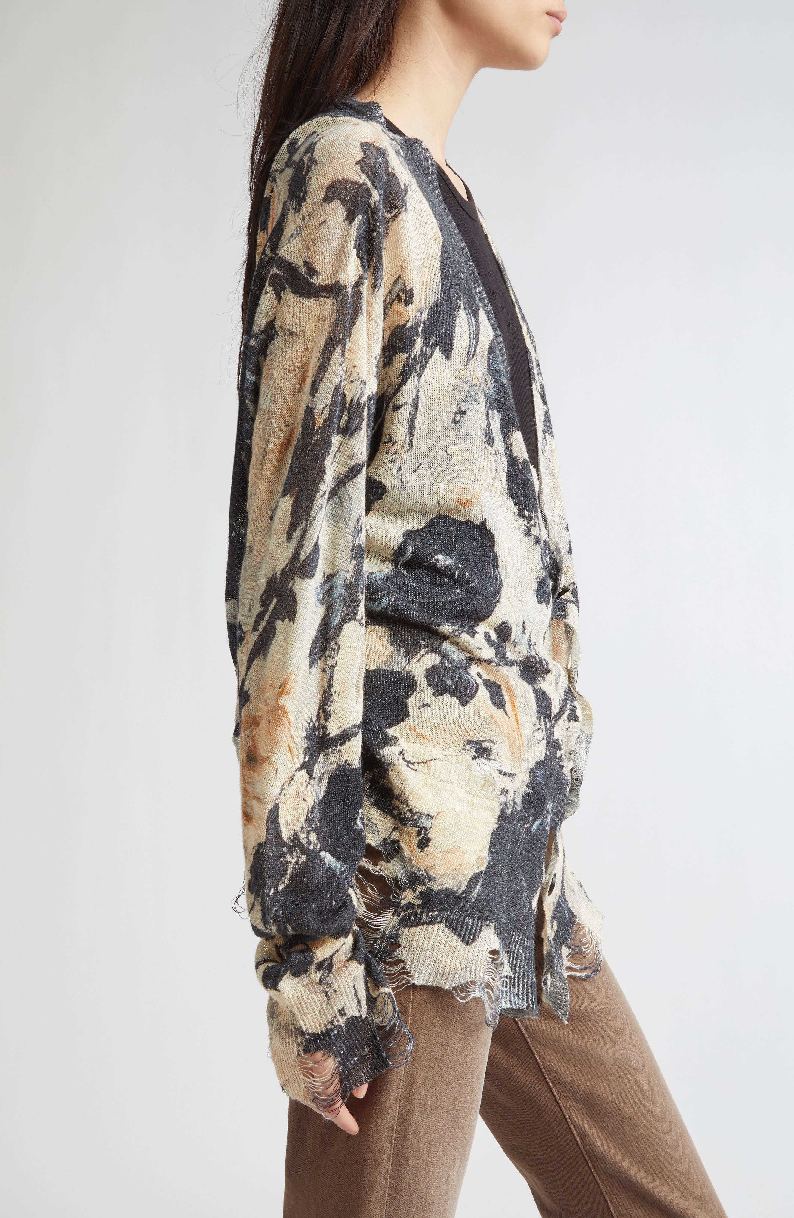 R13 Ripped Floral Linen Cardigan in Black And Cream Floral at Nordstrom - 4