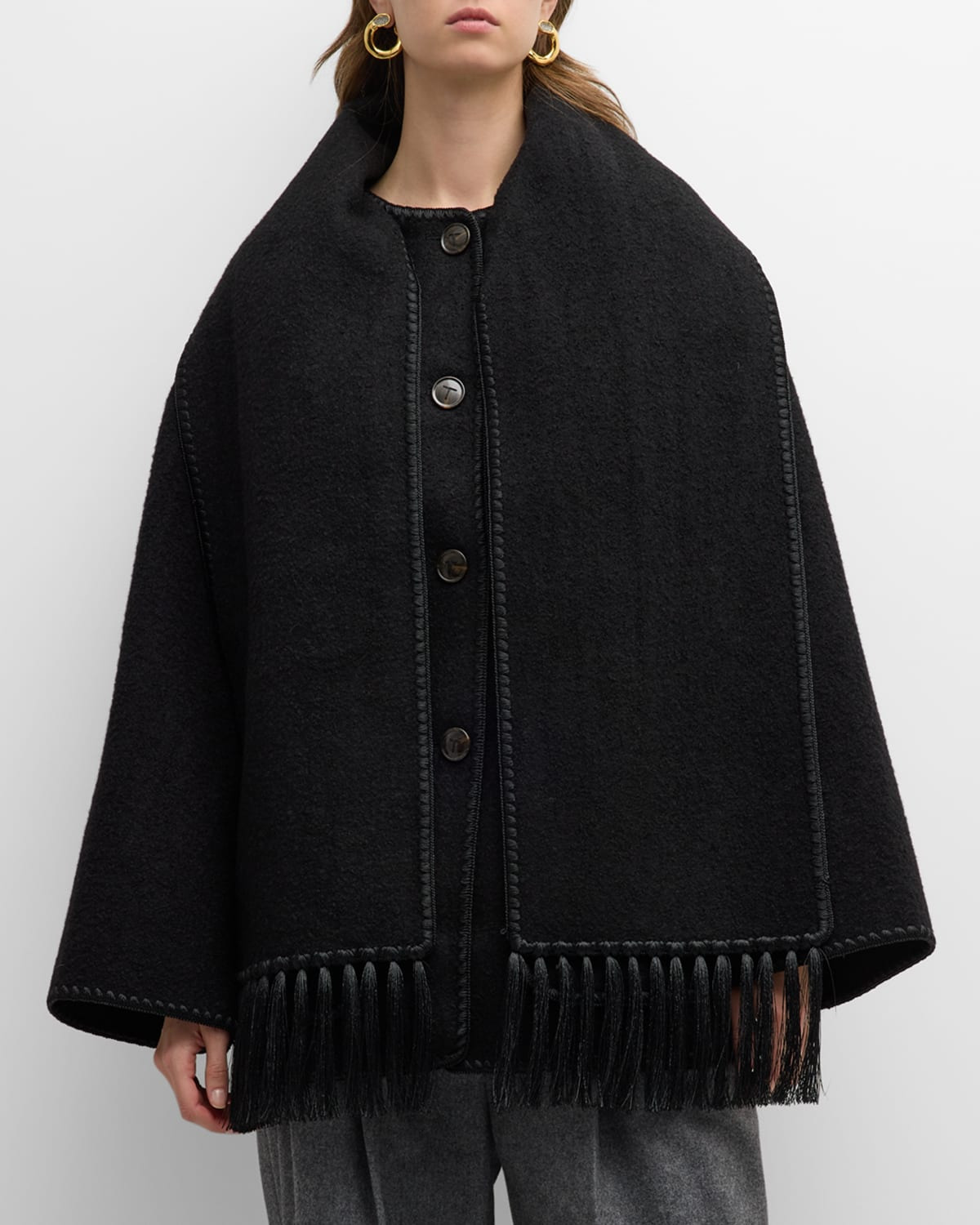 Fringe Embroidered Scarf Wool Jacket - 4