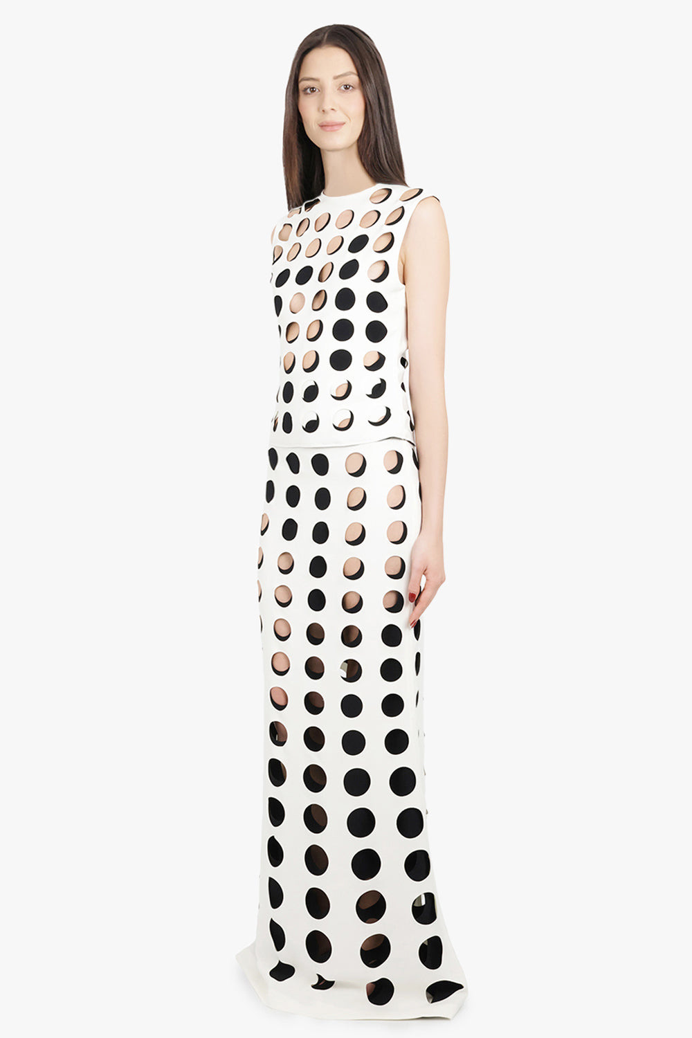 LAYERED HOLE DETAIL FLARED MAXI SKIRT | WHITE/BLACK - 4