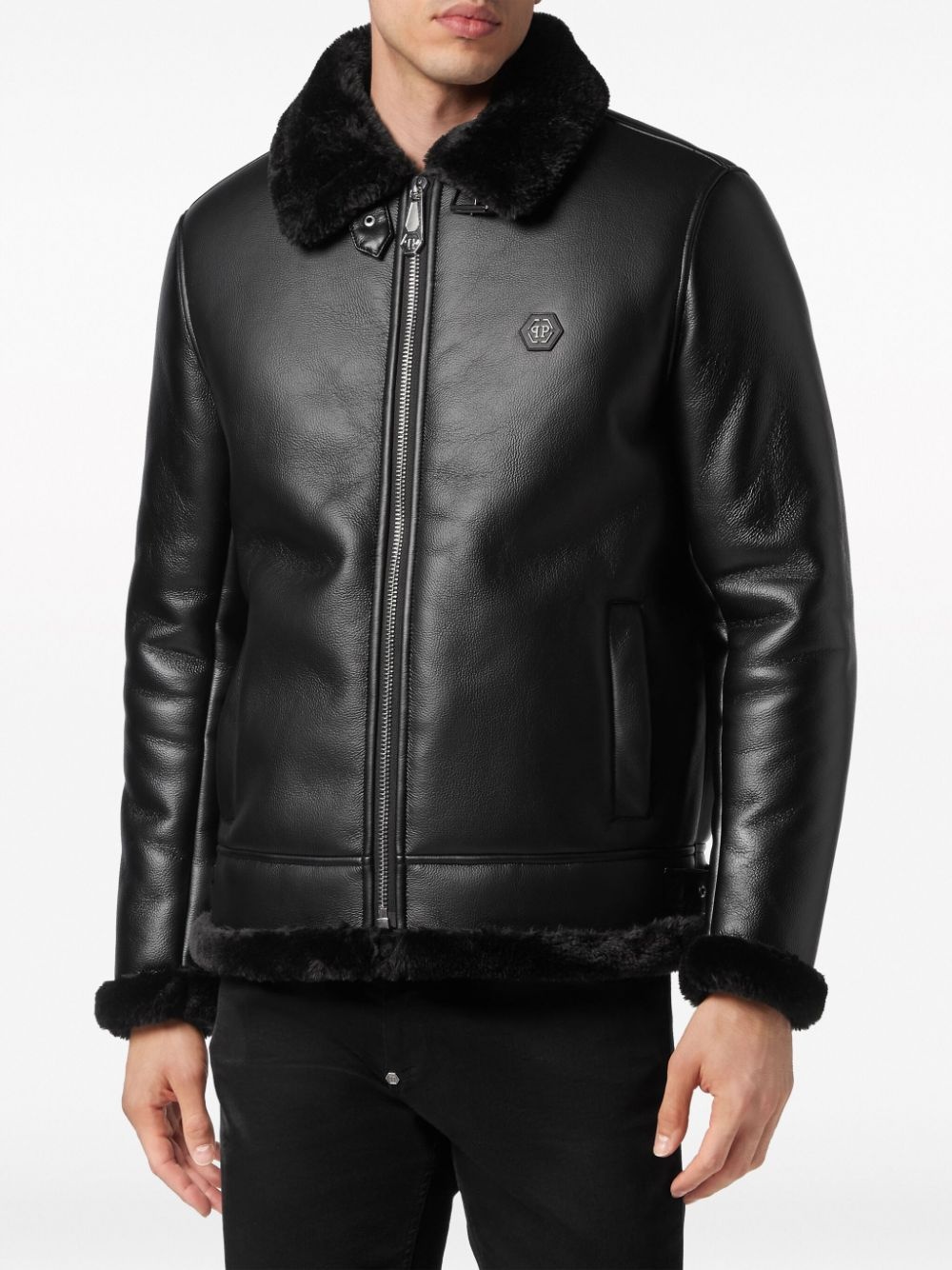 logo-patch faux-leather bomber jacket - 3