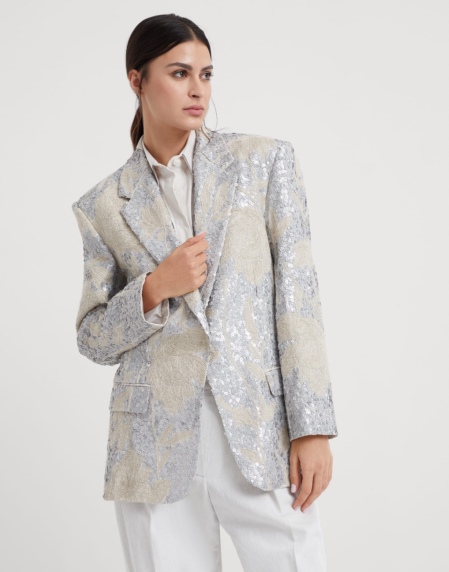 Linen blazer with magnolia embroidery - 1