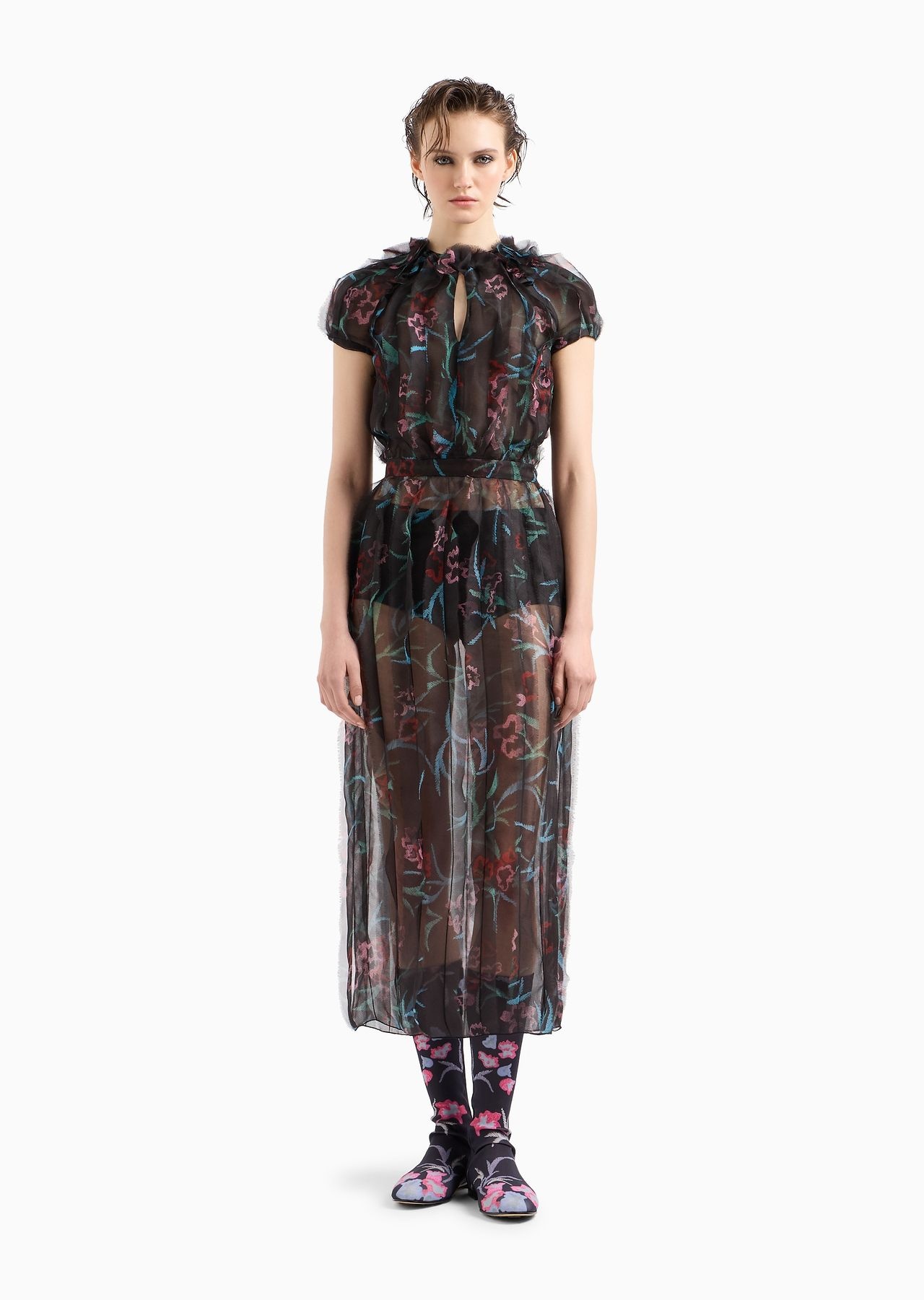 Long dress in silk organza with a floral print - 2