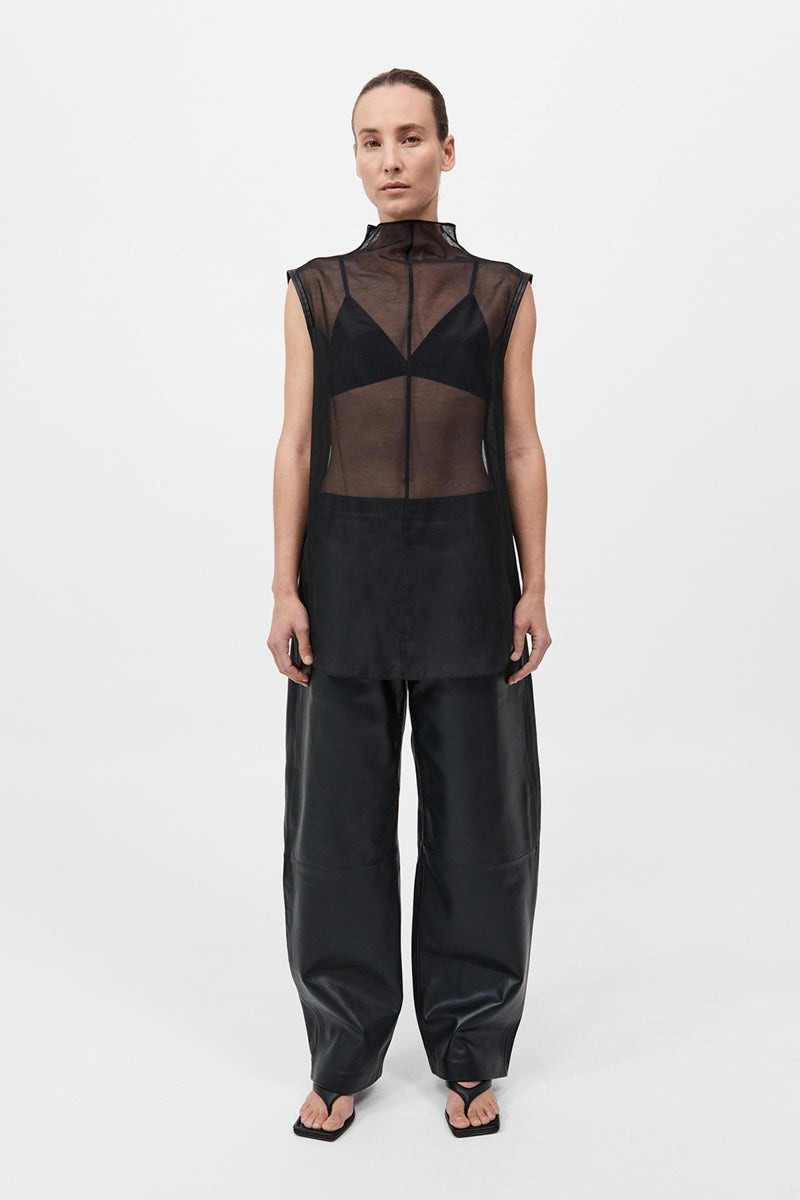 Sheer Silk Leather Trim Top - Black 3