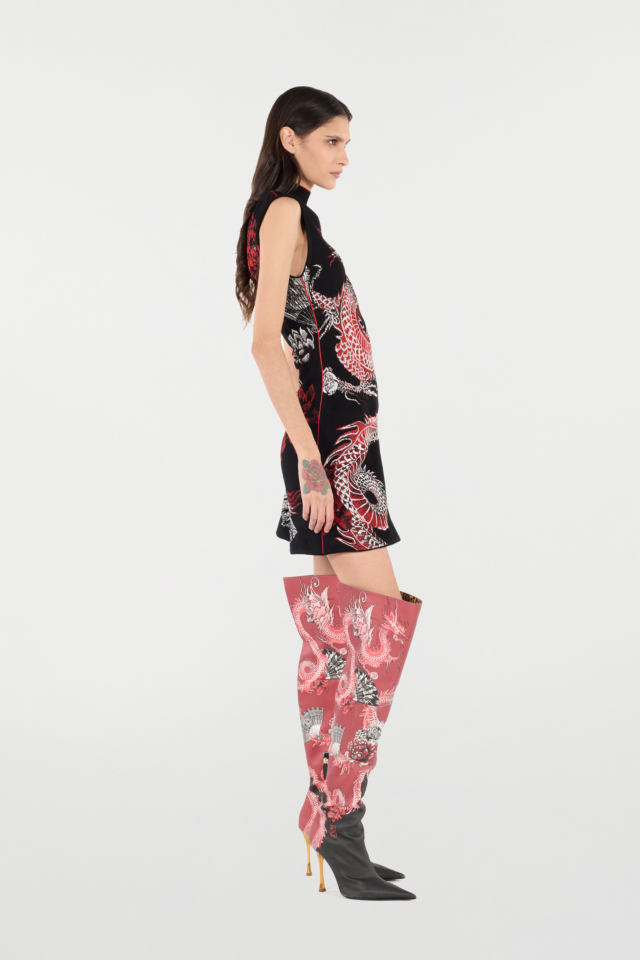 Mini Dress With Floral And Dragon Pattern - 3