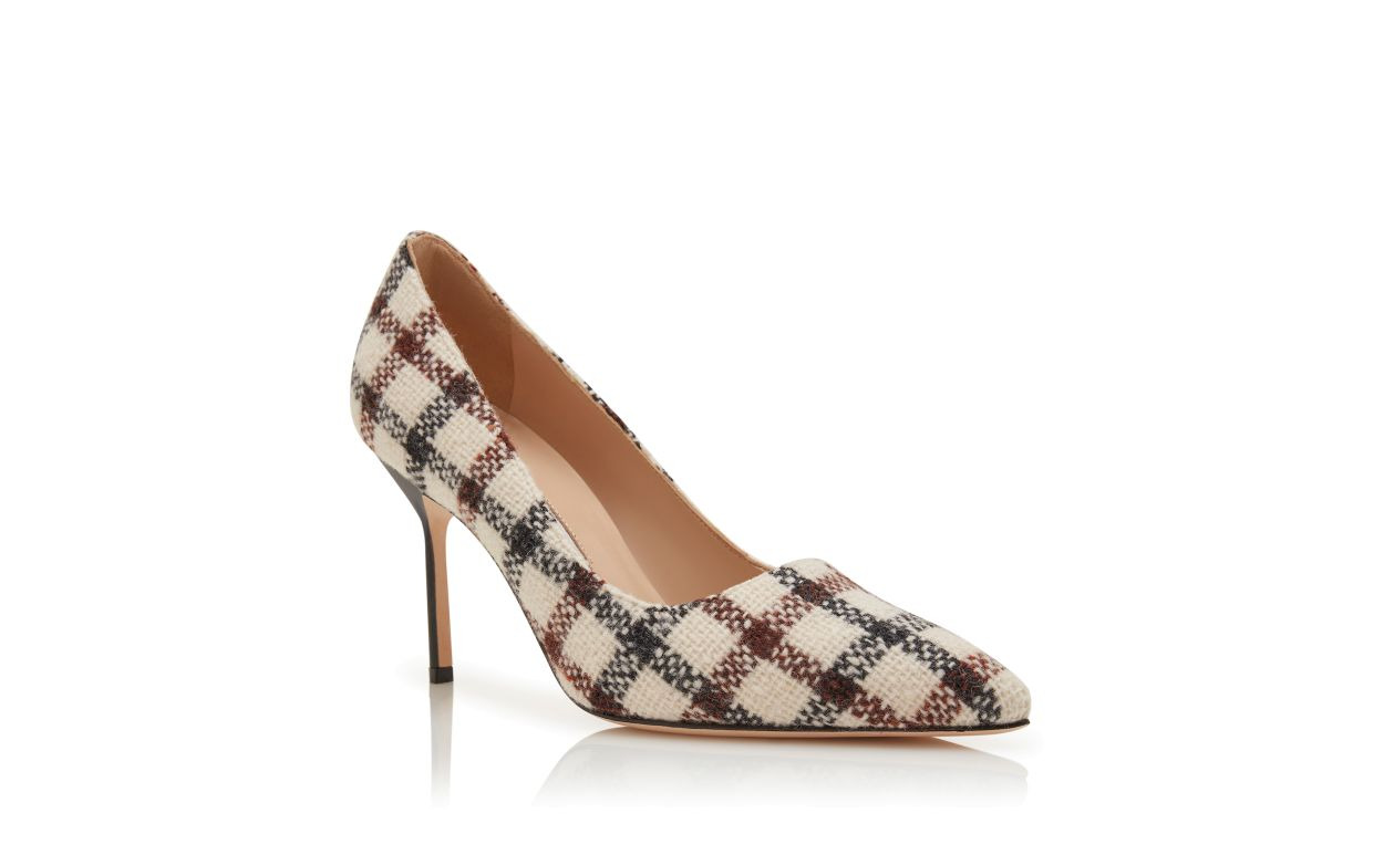 Light Beige Wool Tartan Pointed Toe Pumps - 3