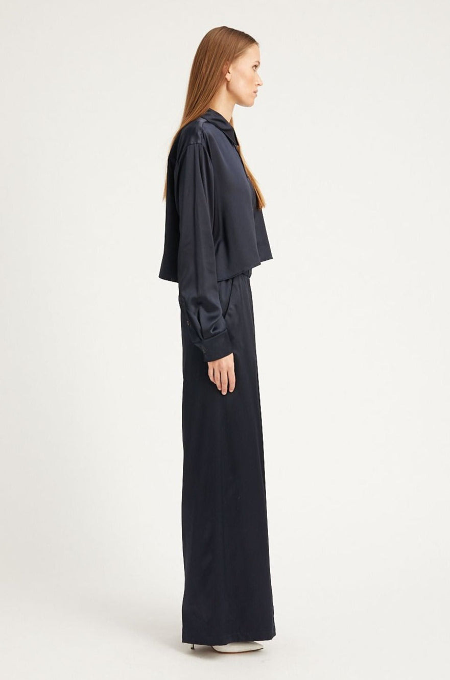 NAVY SILK WIDE LEG PINTUCK PANTS - 4