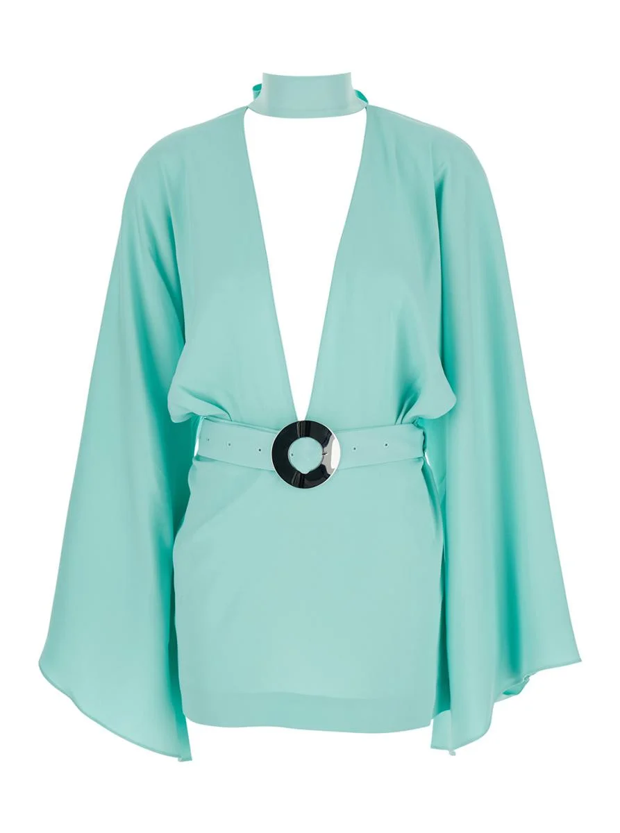 Taller Marmo 'Florida' Light Blue Mini Dress With Adjustable Belt On The Front And Maxi Bow On The R - 1