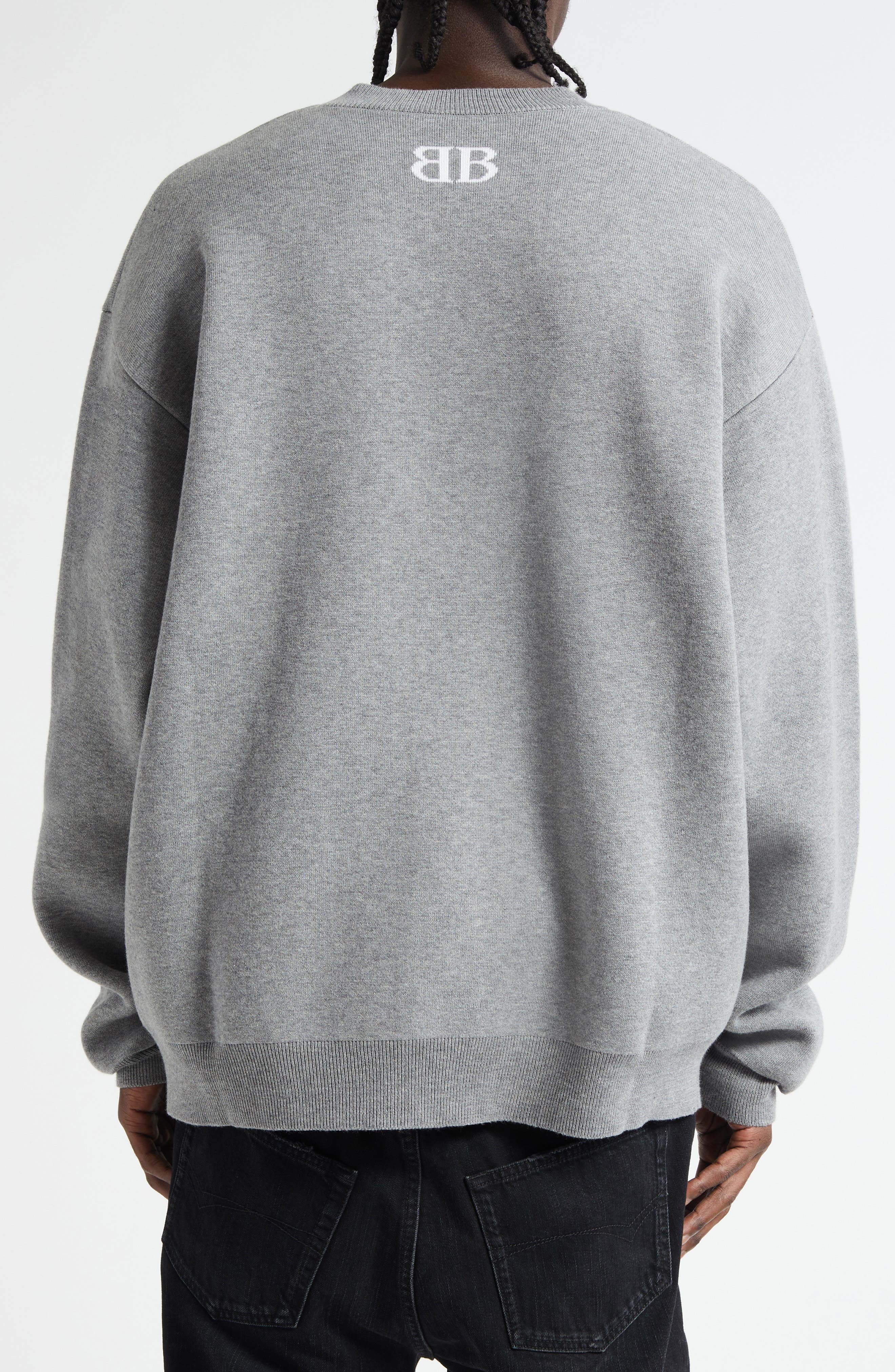 Balenciaga BB Logo Jacquard Crewneck Sweater in Heather Grey/White at Nordstrom - 3
