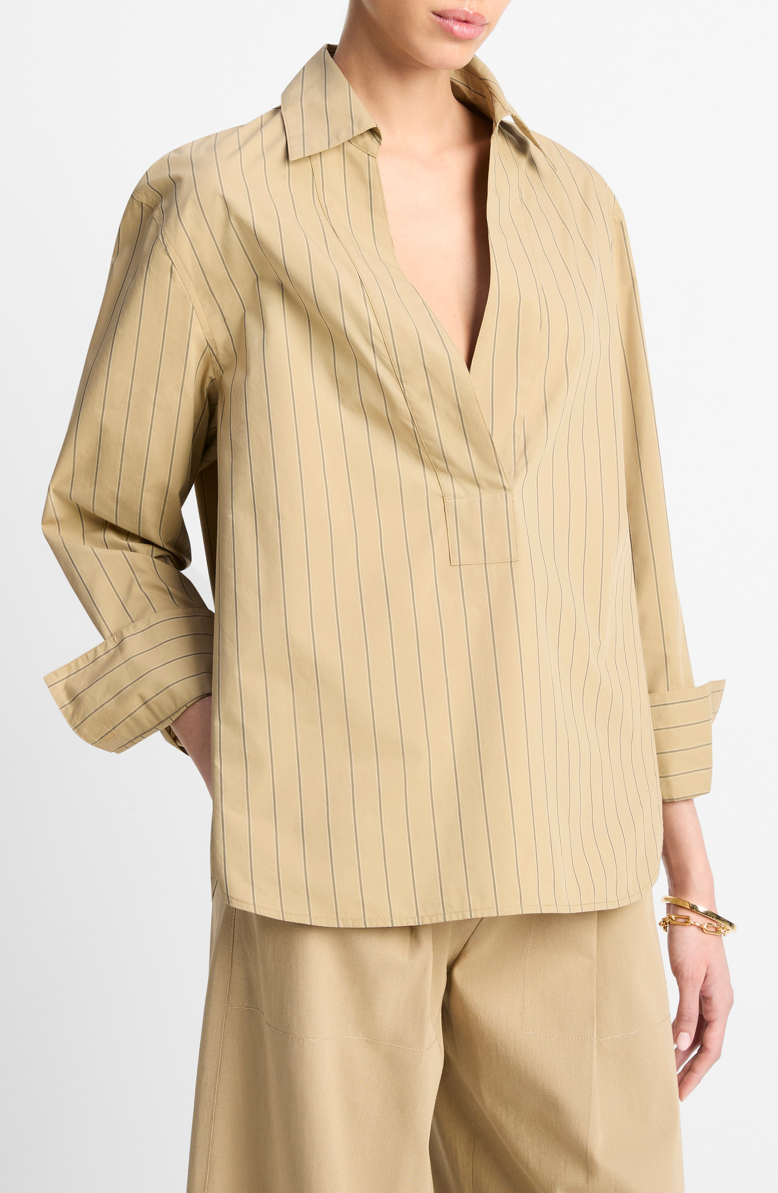 Vince Stripe Relaxed Cotton Popover Shirt in Sand Sage at Nordstrom - 3