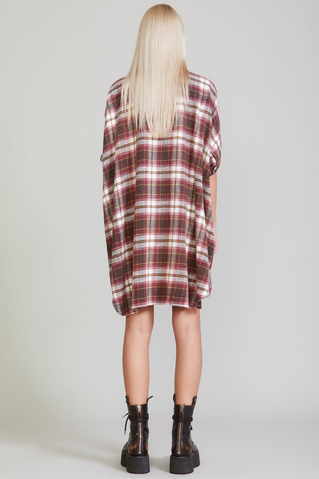 PLAID OVERSIZED BOXY SHIRTDRESS - ECRU/MAROON PLAID - 4