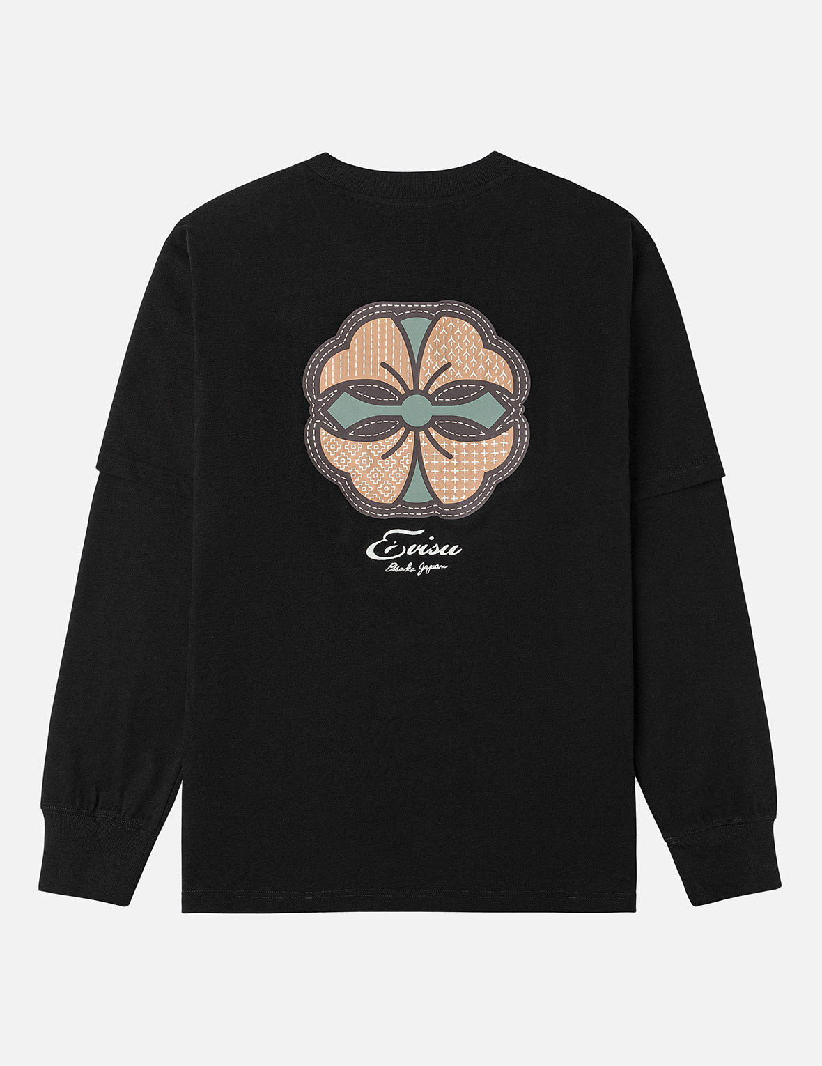 Sashiko-style Kamon Print Fashion Fit 2-in-1 Design Long-sleeve T-shirt - 3