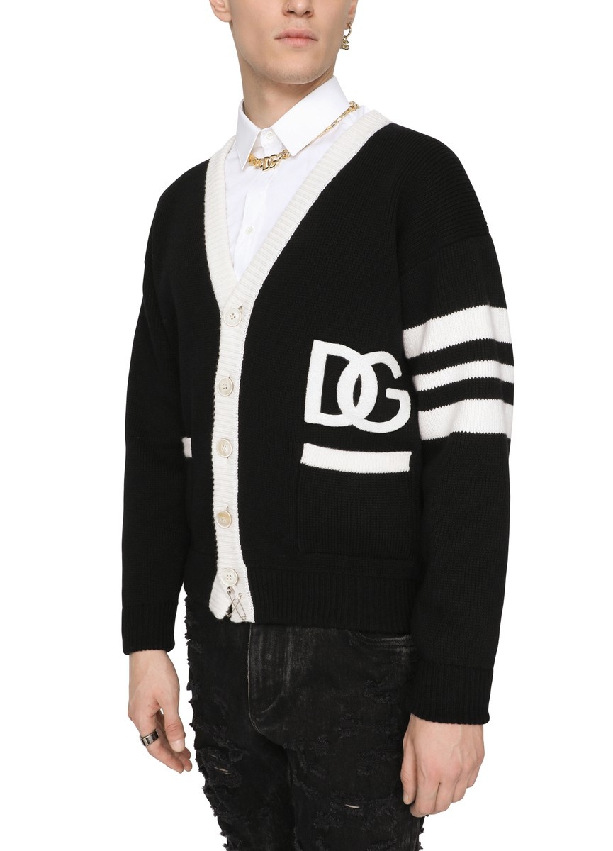 Wool fisherman’s rib cardigan with DG logo - 5