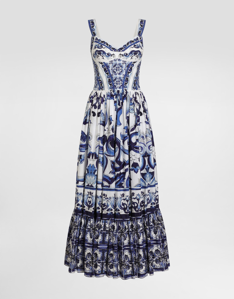 Calf-length bustier dress in majolica-print poplin 1