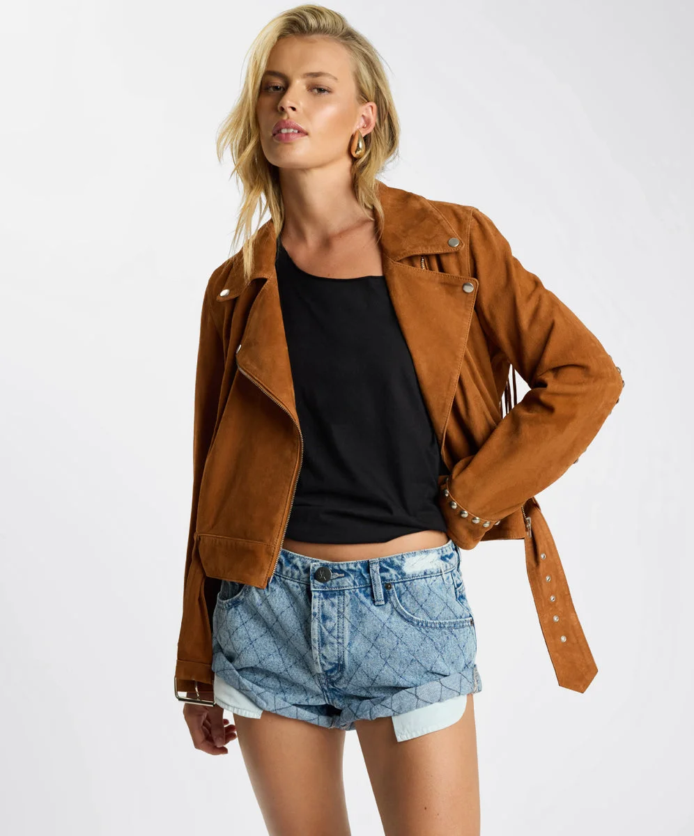 Whiskey Fringed Studded Suede Jacket - Brown - 1