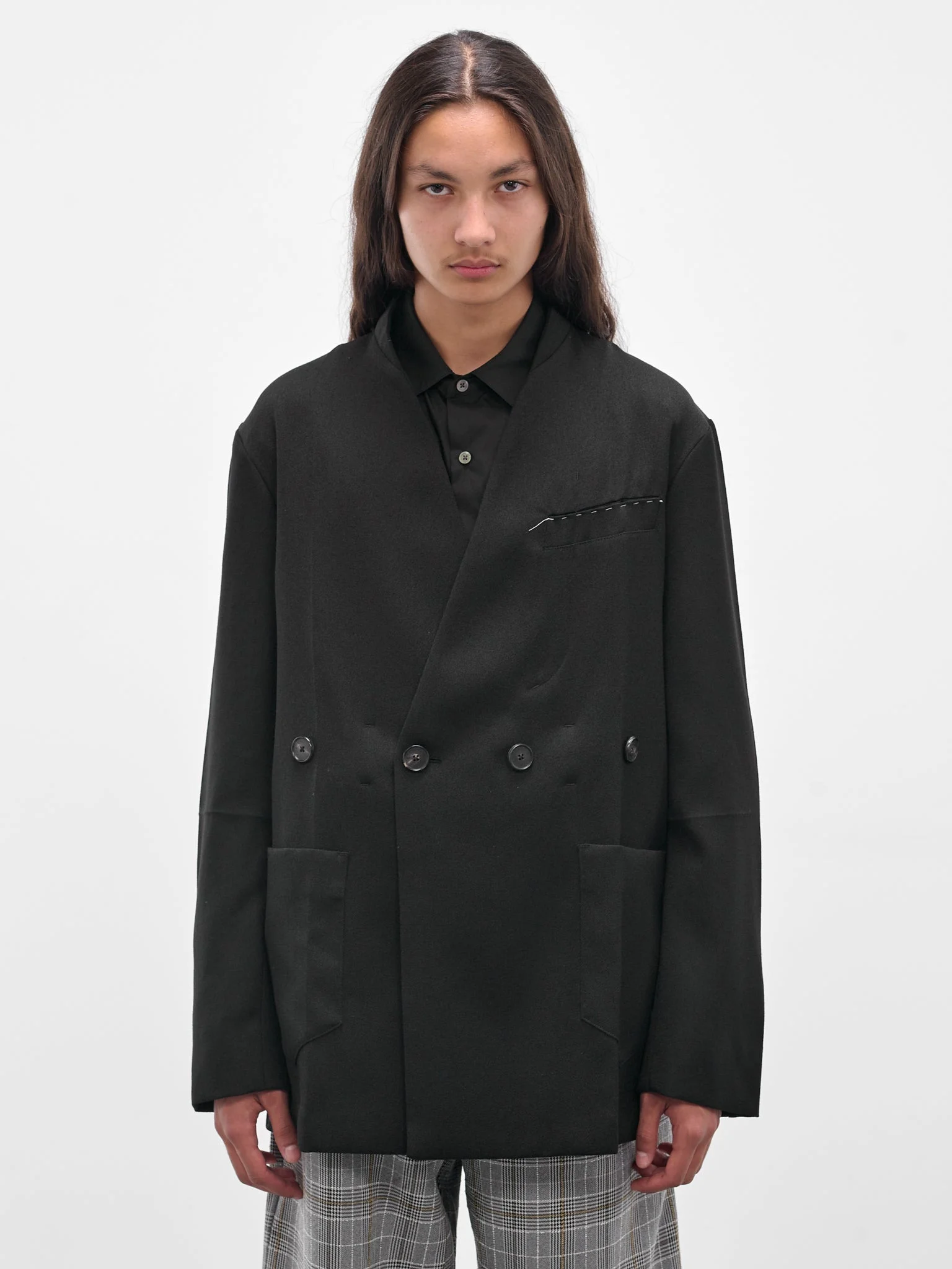 Black Wool Lapelless Origami Jacket - 1