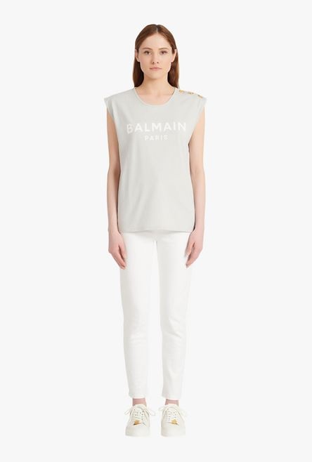 Light gray eco-designed cotton T-shirt with white Balmain logo print - 4