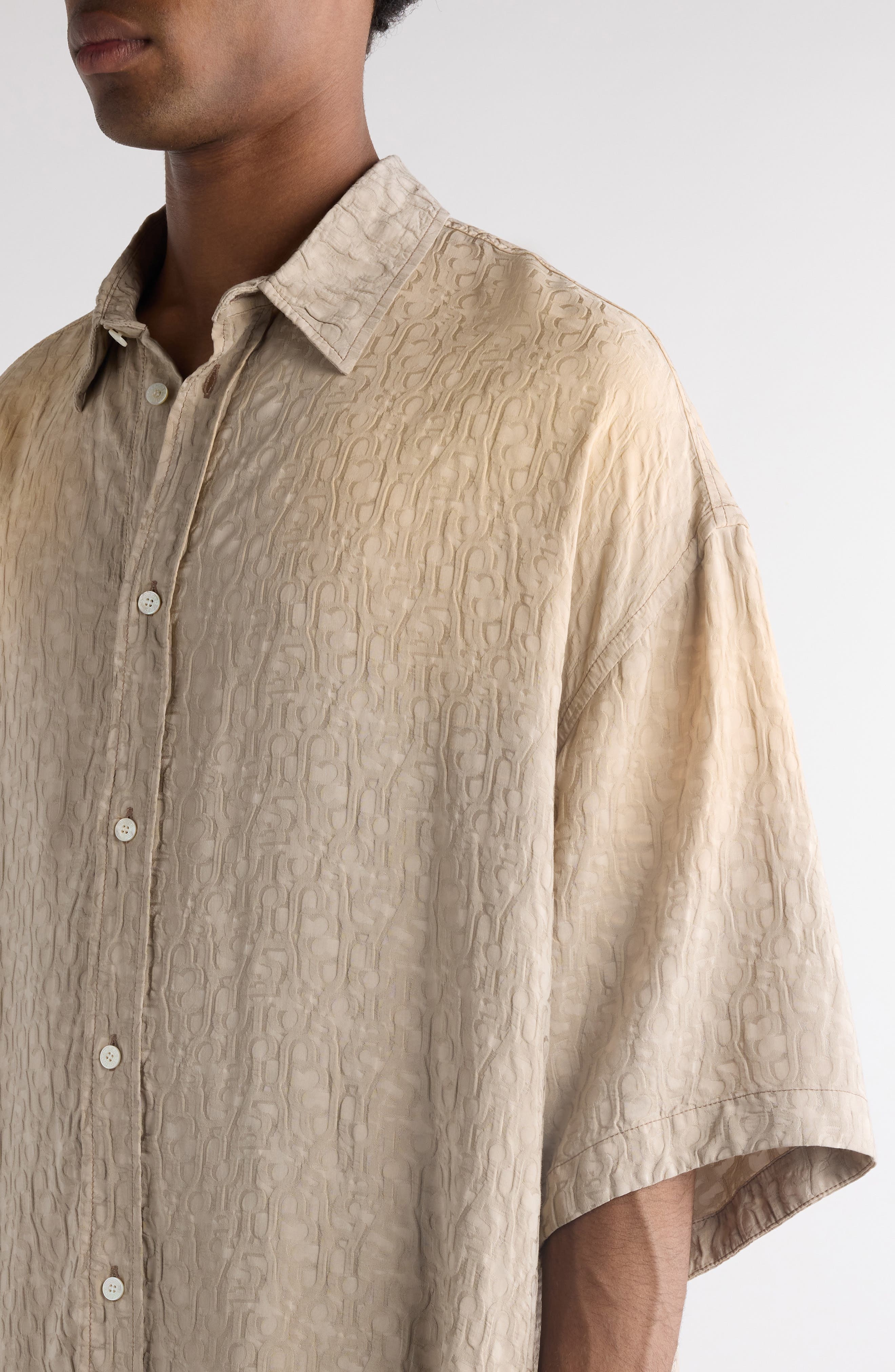 Acne Studios Ombré Jacquard Oversize Camp Shirt in Warm Grey at Nordstrom - 5