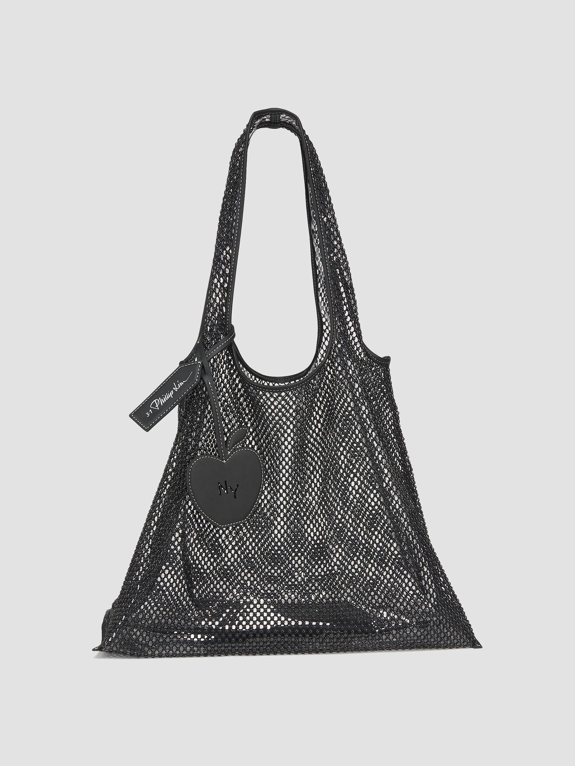 Women's Embroidered Mesh Market Tote Bag - Black - 1