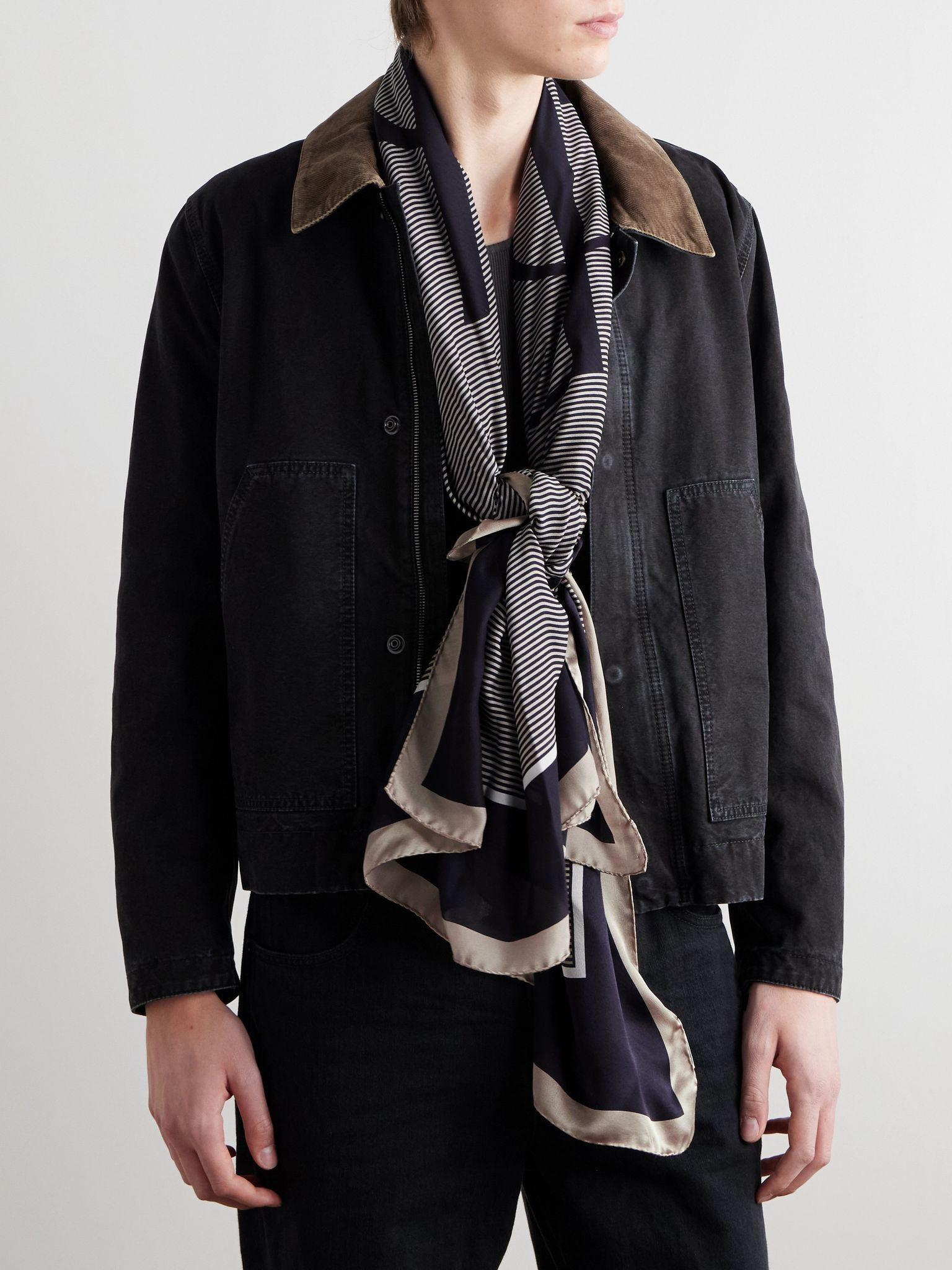 Logo-Print Striped Silk-Satin Scarf Neutral - 2