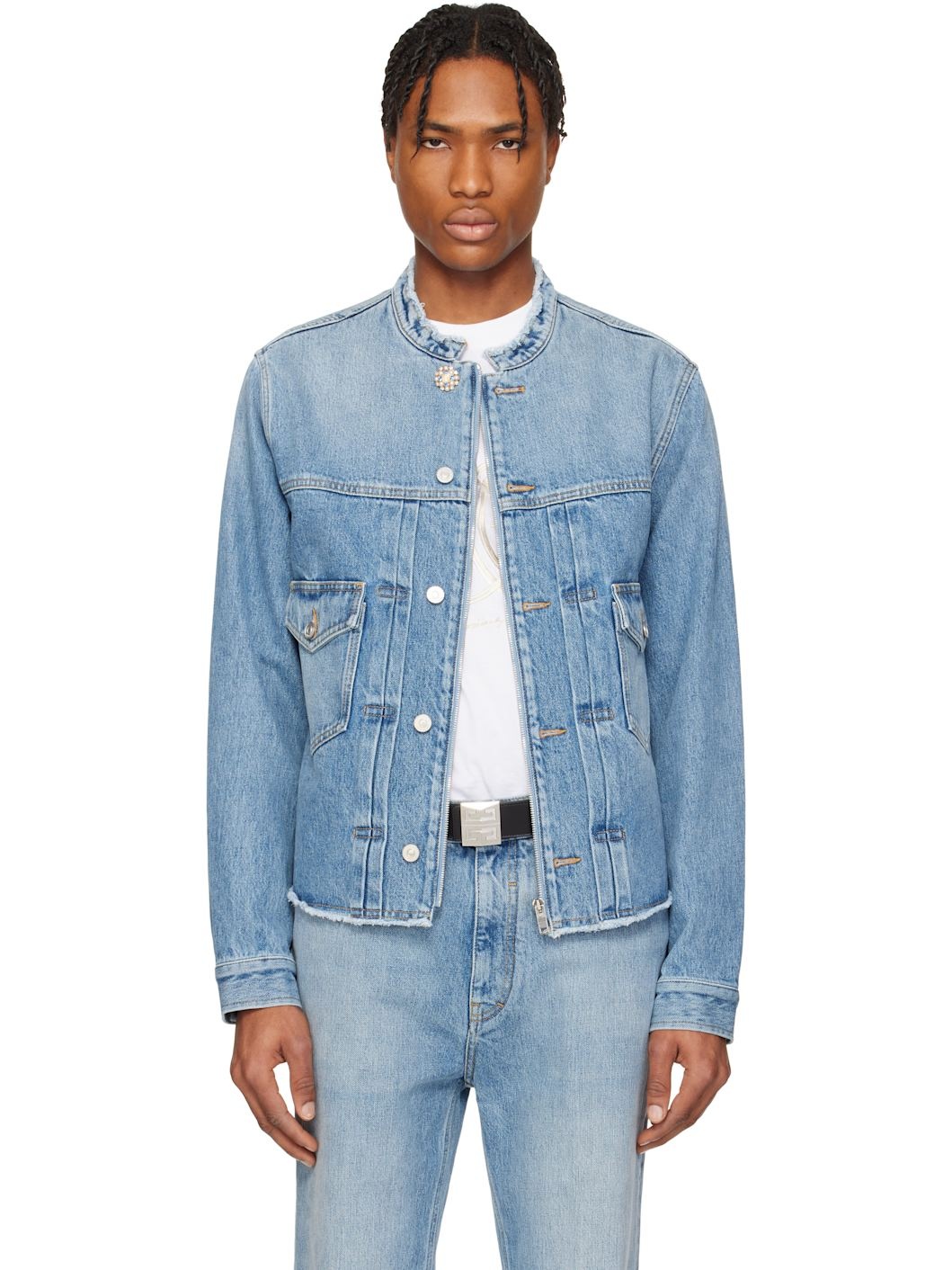 Blue Reworked Biker Denim Jacket - 1