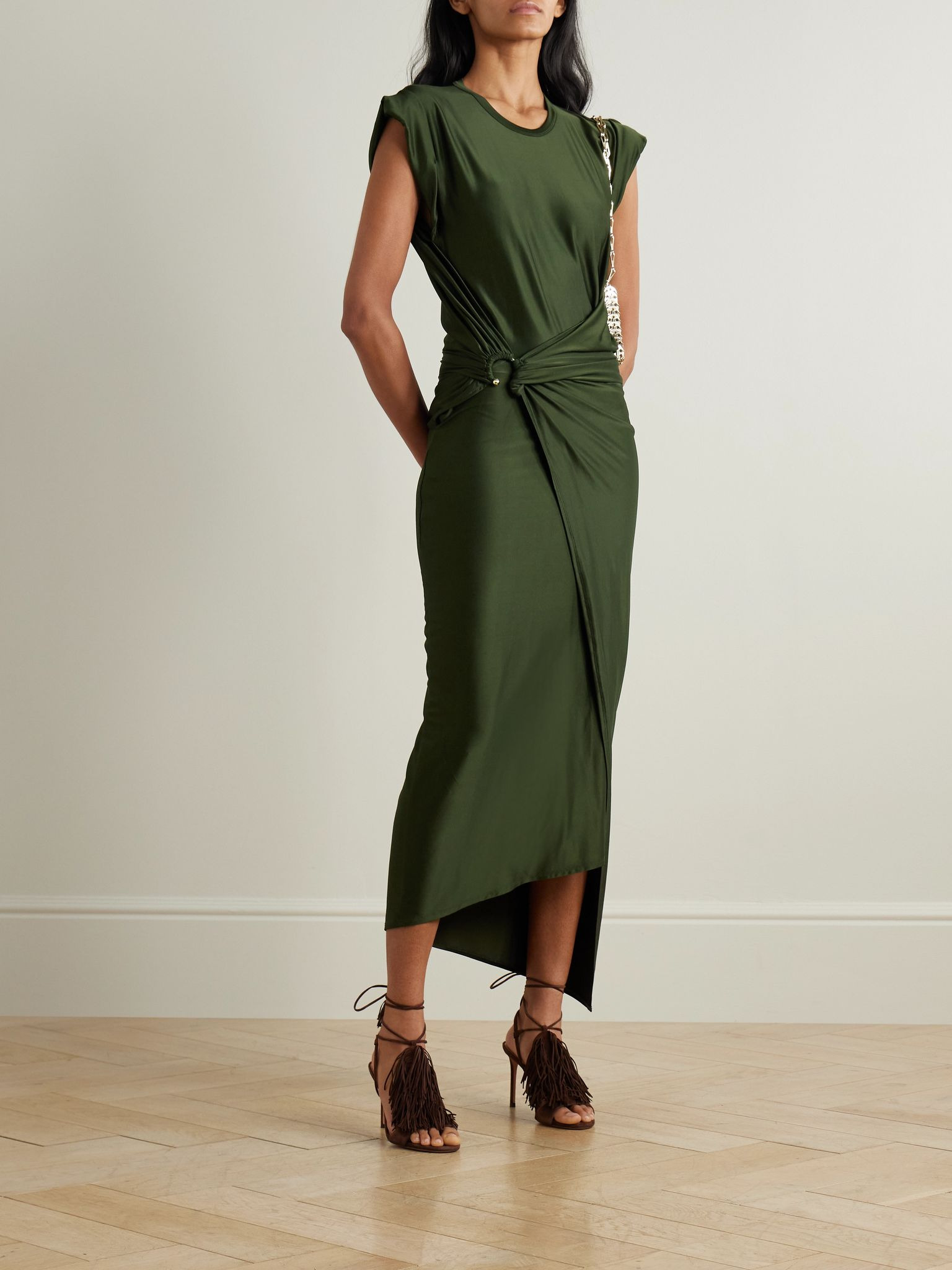 Asymmetric embellished draped satin-jersey dress Army green - 2
