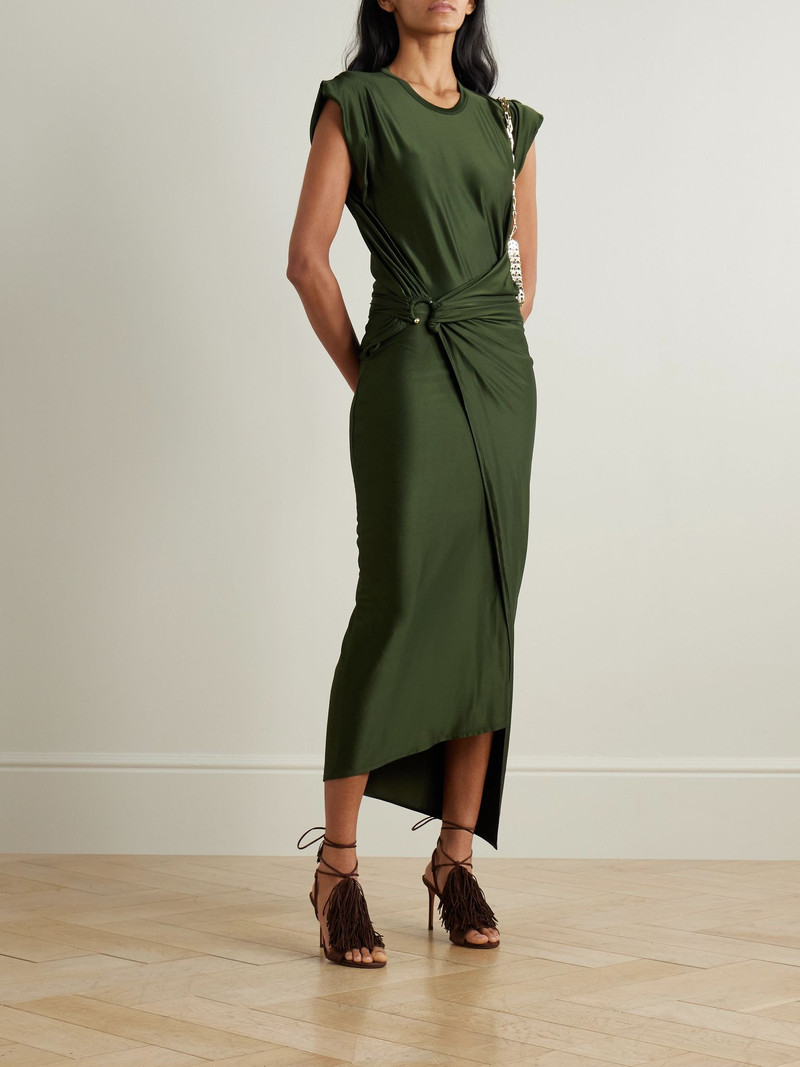 rabanne Asymmetric embellished draped satin-jersey dress Army green outlook