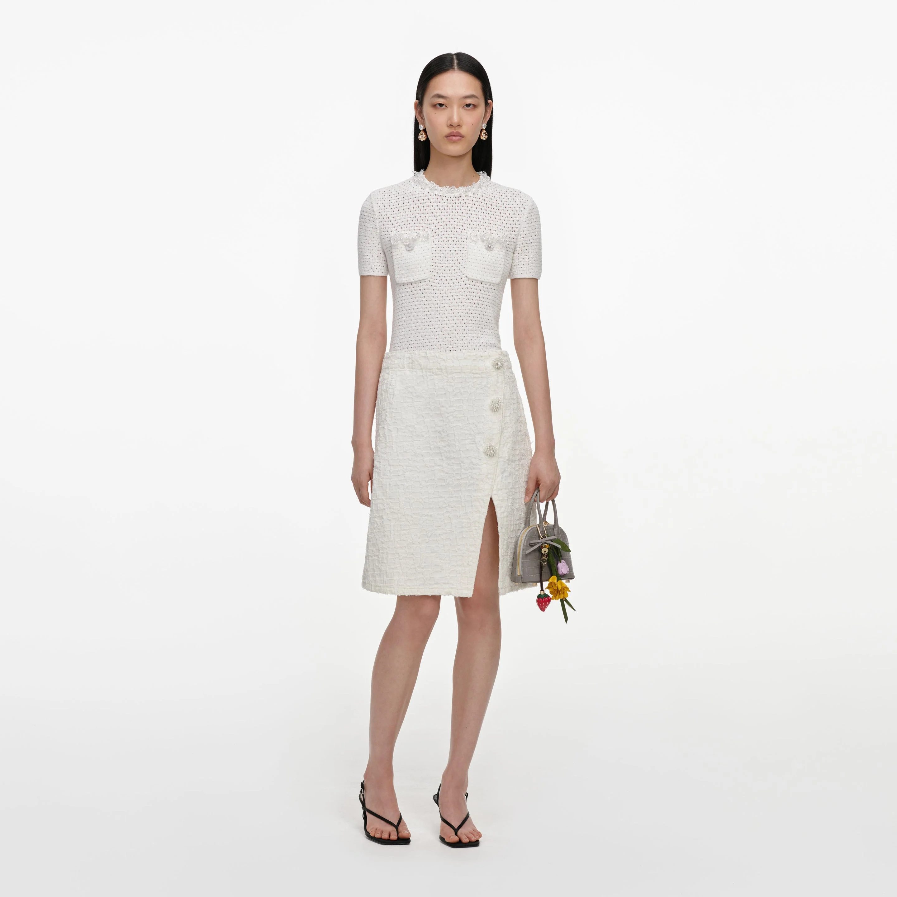 Cream Textured Denim Midi Skirt - 1