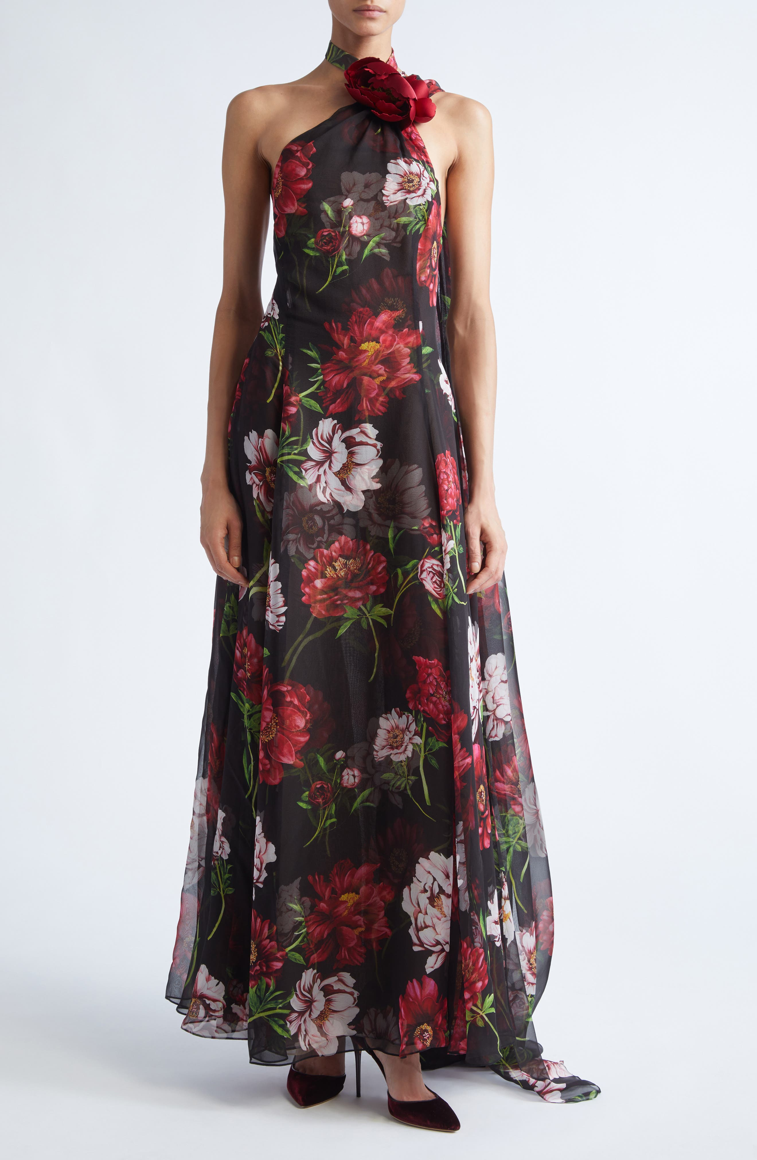Oscar de la Renta Peony Print Silk Chiffon Halter Gown in Brown Multi at Nordstrom - 1