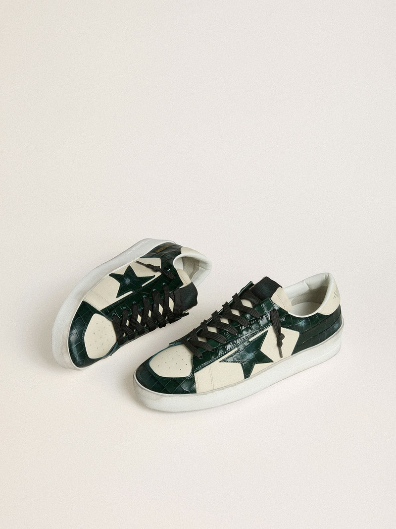 Golden Goose Men's Stardan LTD in cream leather with green crocodile-print leather star and inserts outlook